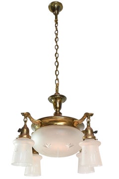 Brass 4 Light Pan with Etched Shades and Center Bowl