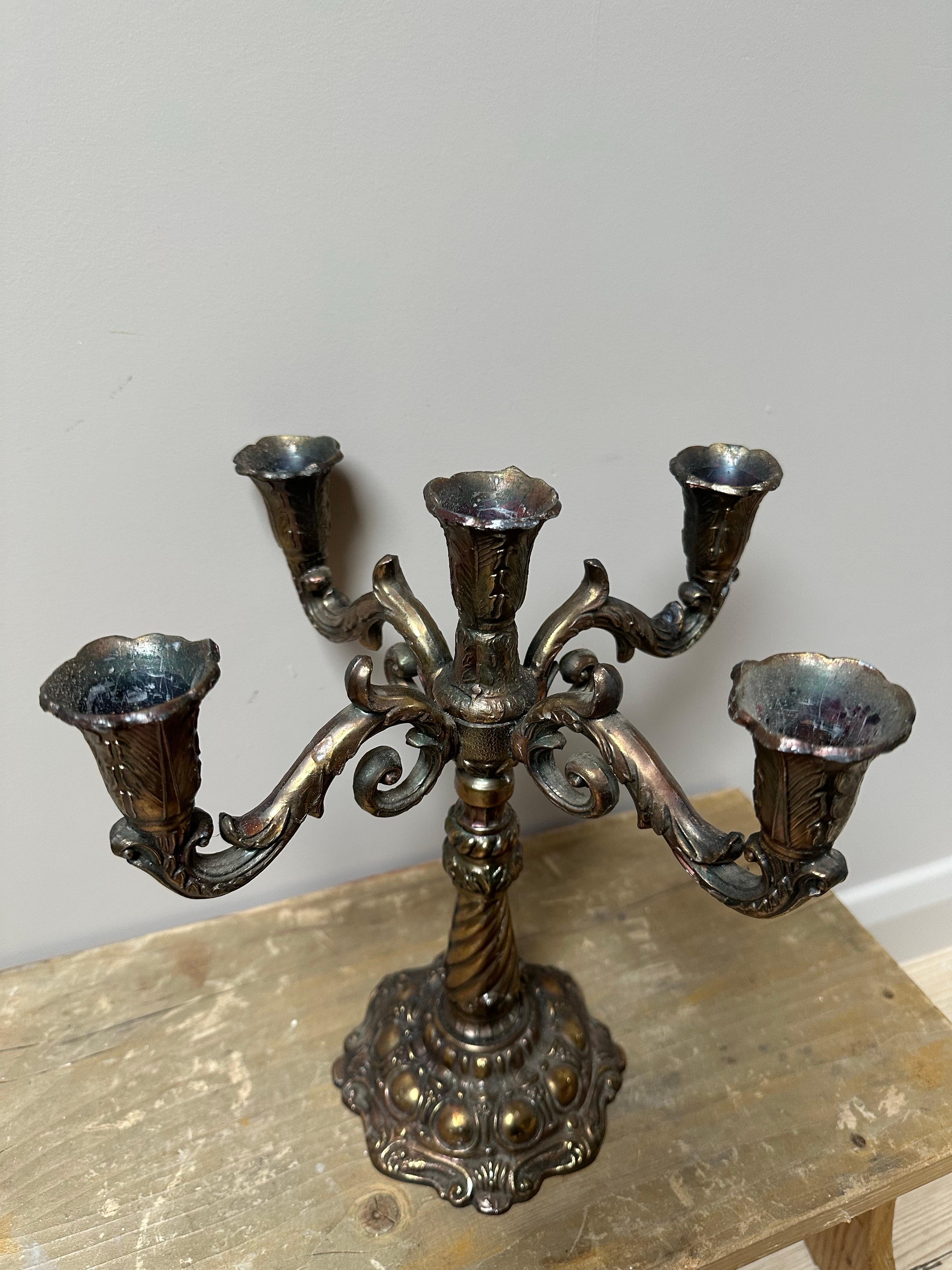 Inglese Brass 5-arm candelabra, 1900s in vendita