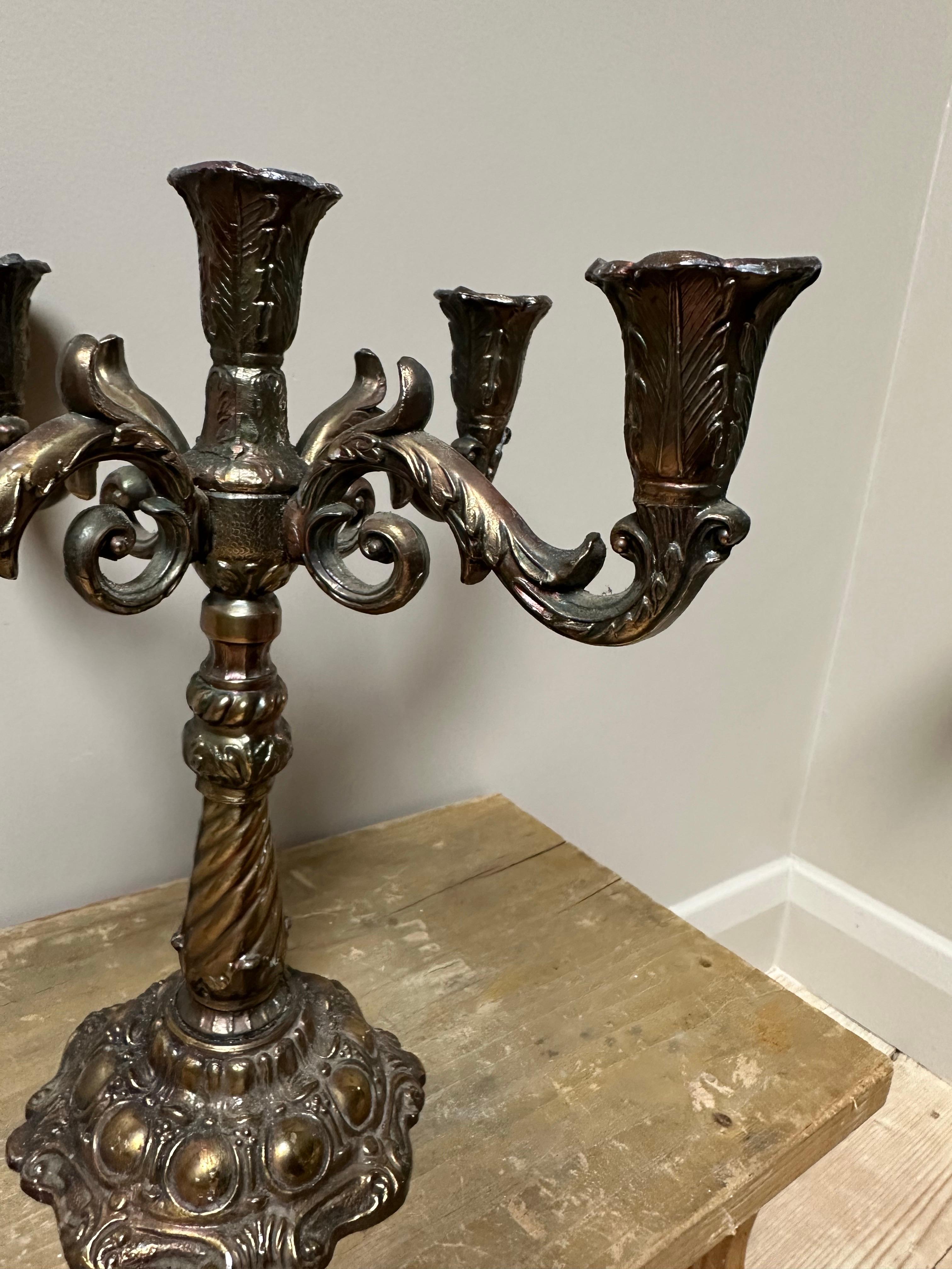 Intagliato a mano Brass 5-arm candelabra, 1900s in vendita