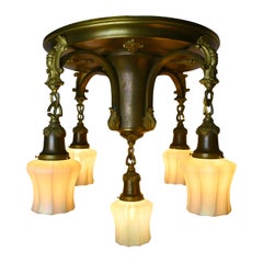 Antique Brass 5-Light Flushmount with Quezal Shades
