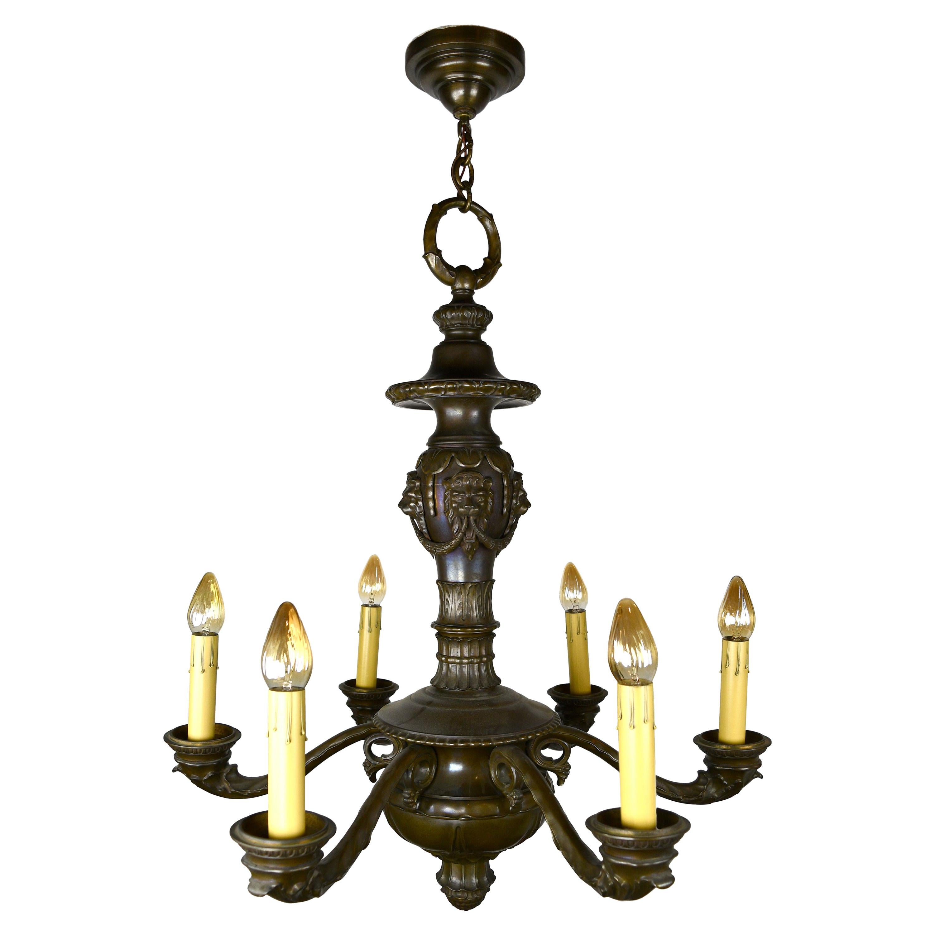 Brass 6-Light Chandelier with Lions