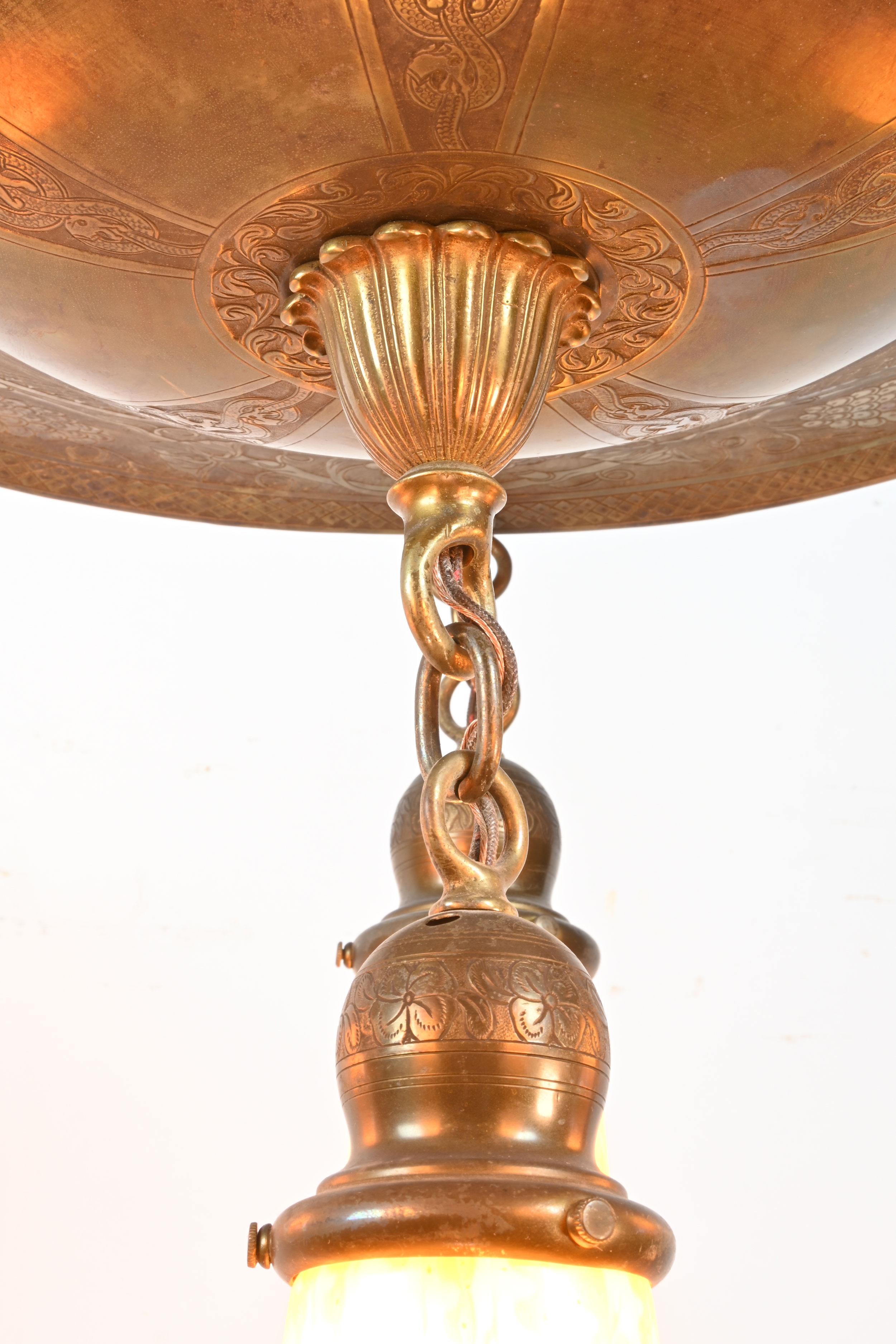 Brass 6-Light Pan Chandelier with Serpents and Quezal Shades 3