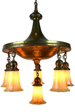Brass 6-Light Pan Chandelier with Serpents and Quezal Shades