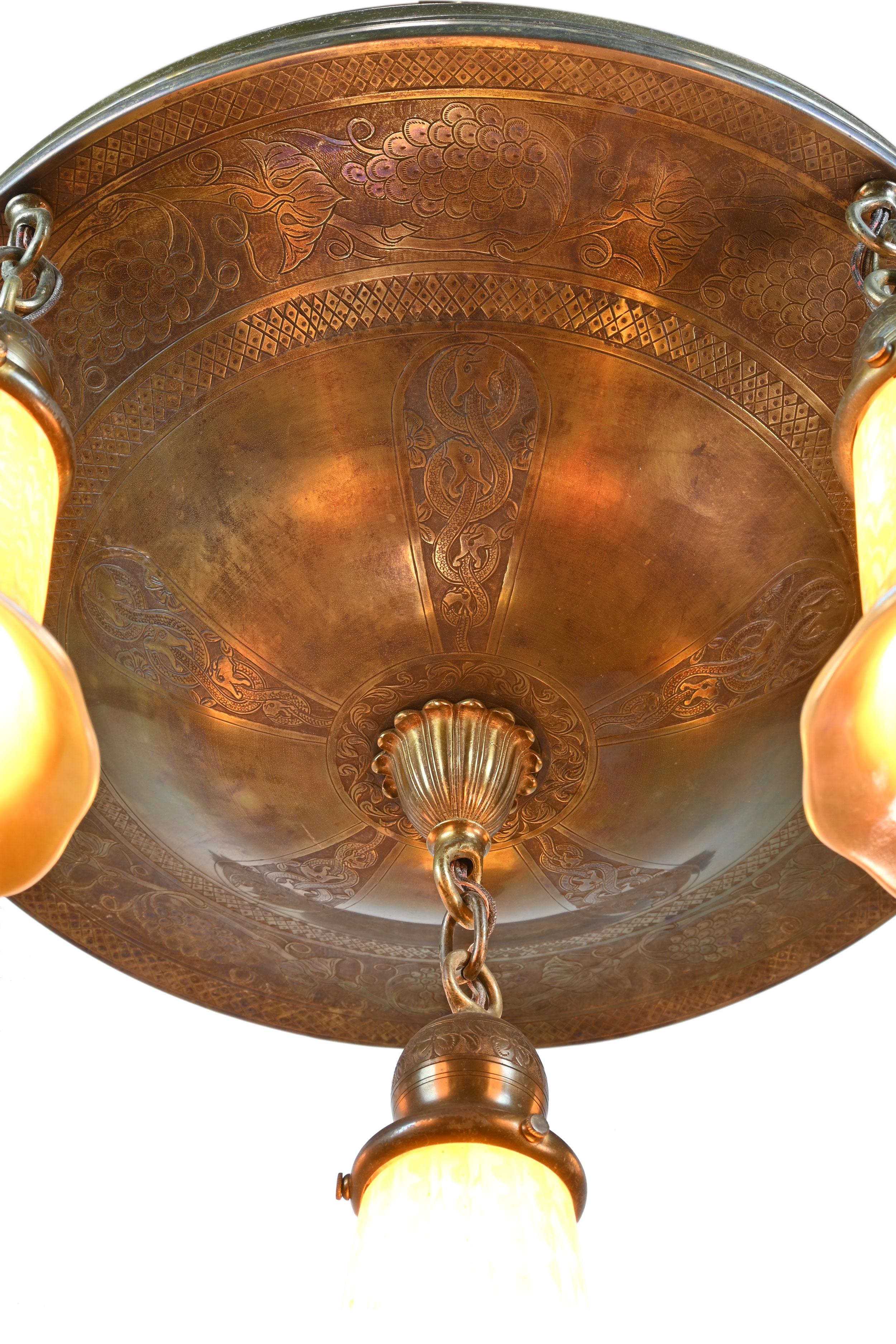 Arts and Crafts Brass 6-Light Pan Chandelier with Serpents and Quezal Shades
