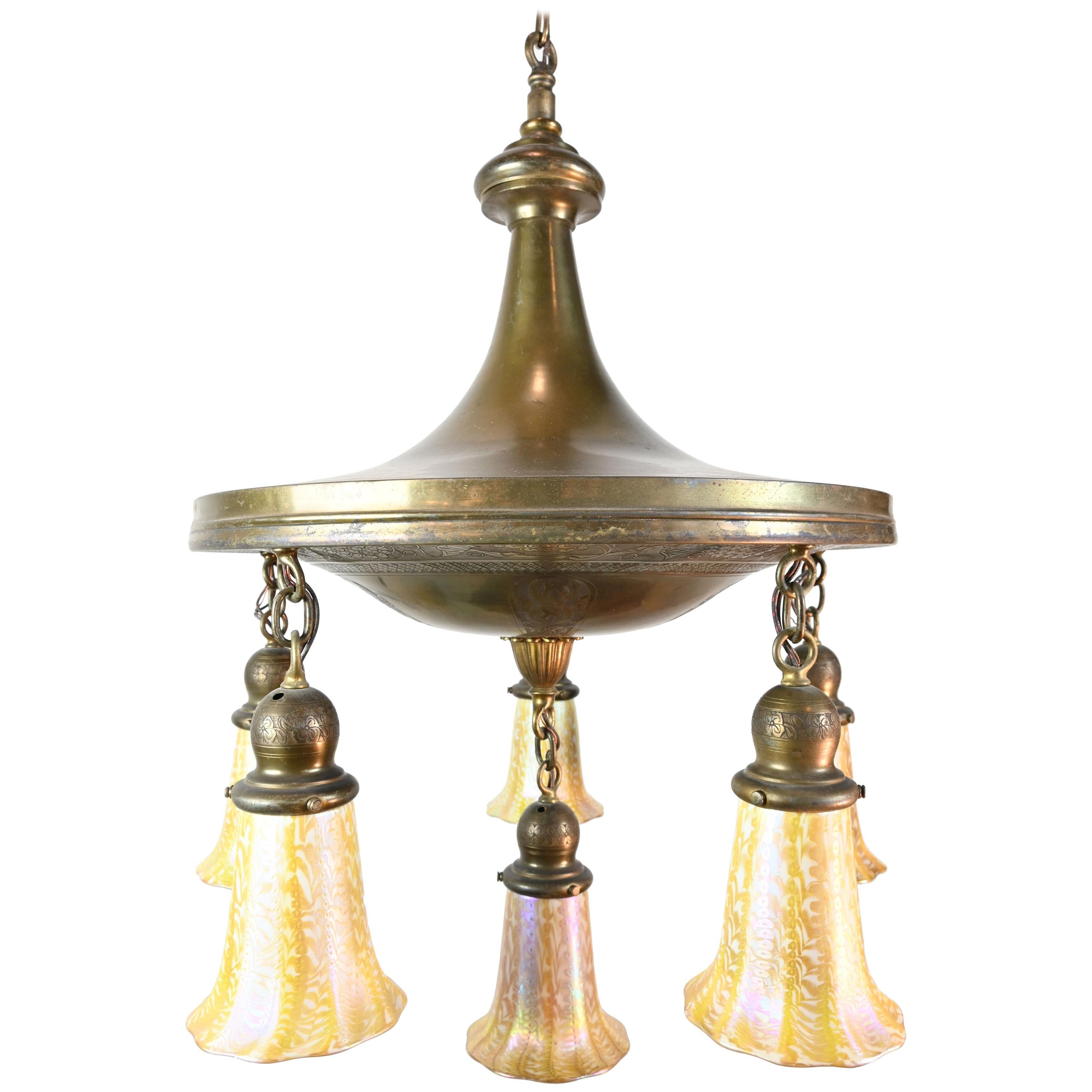 Brass 6-Light Pan Chandelier with Serpents and Quezal Shades