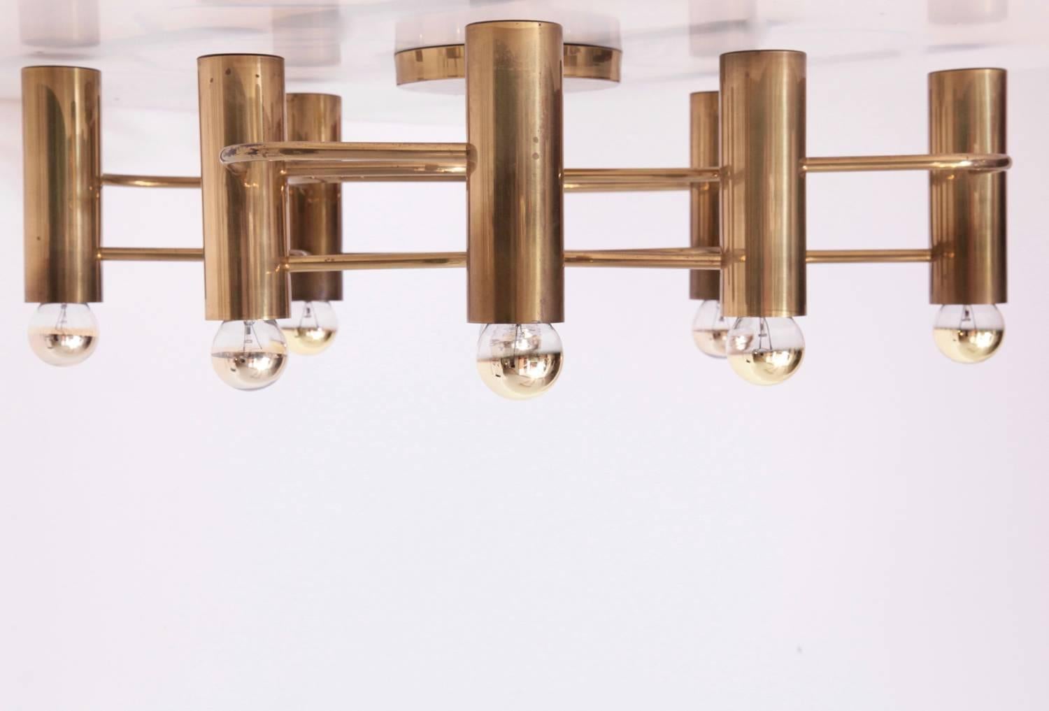 Mid-Century Modern Brass Nine-Light Flush Mount Wall or Ceiling Lamp by Leola