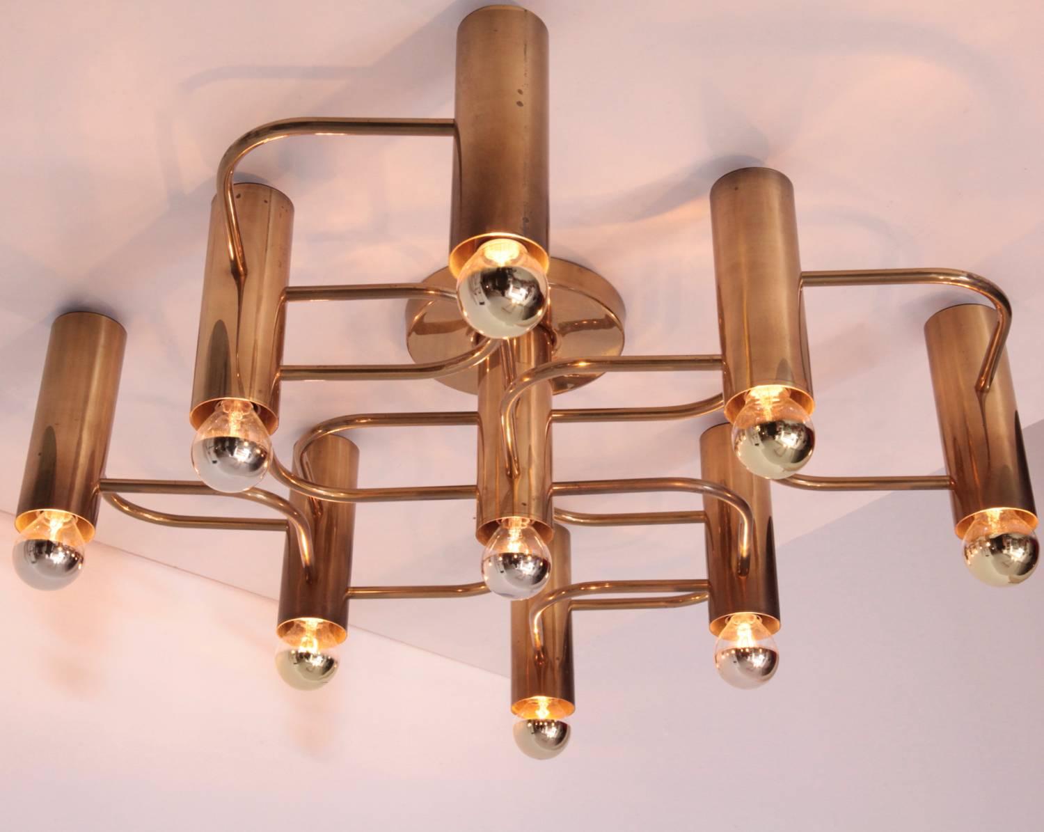 Brass Nine-Light Flush Mount Wall or Ceiling Lamp by Leola In Good Condition In Berlin, BE