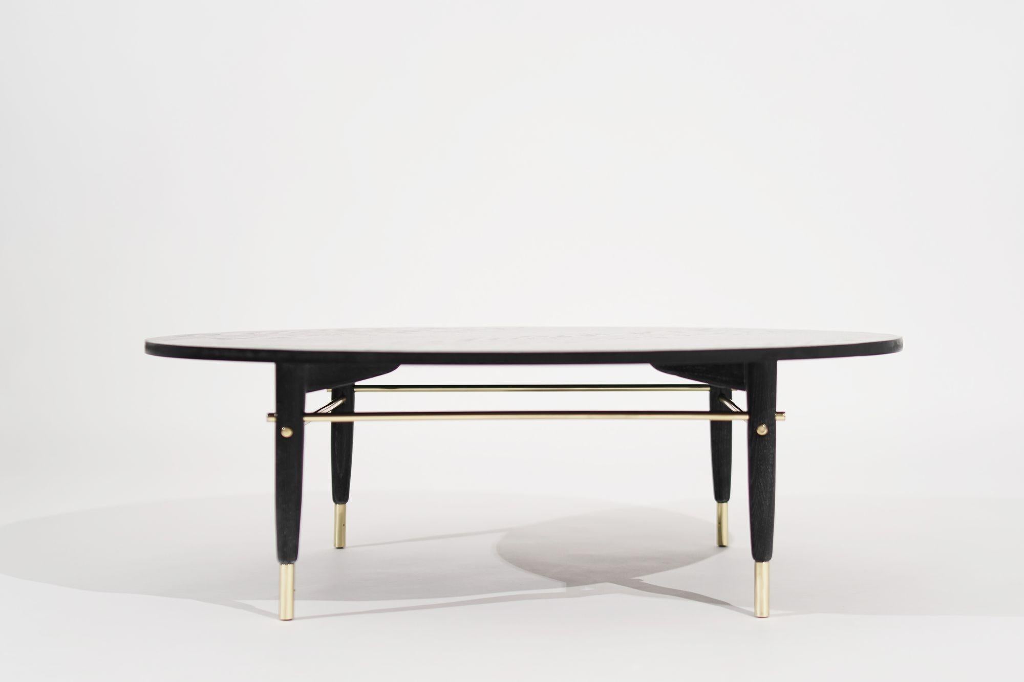 Mid-Century Modern Brass Accented Coffee Table in Black Ceruse, C. 1950s For Sale