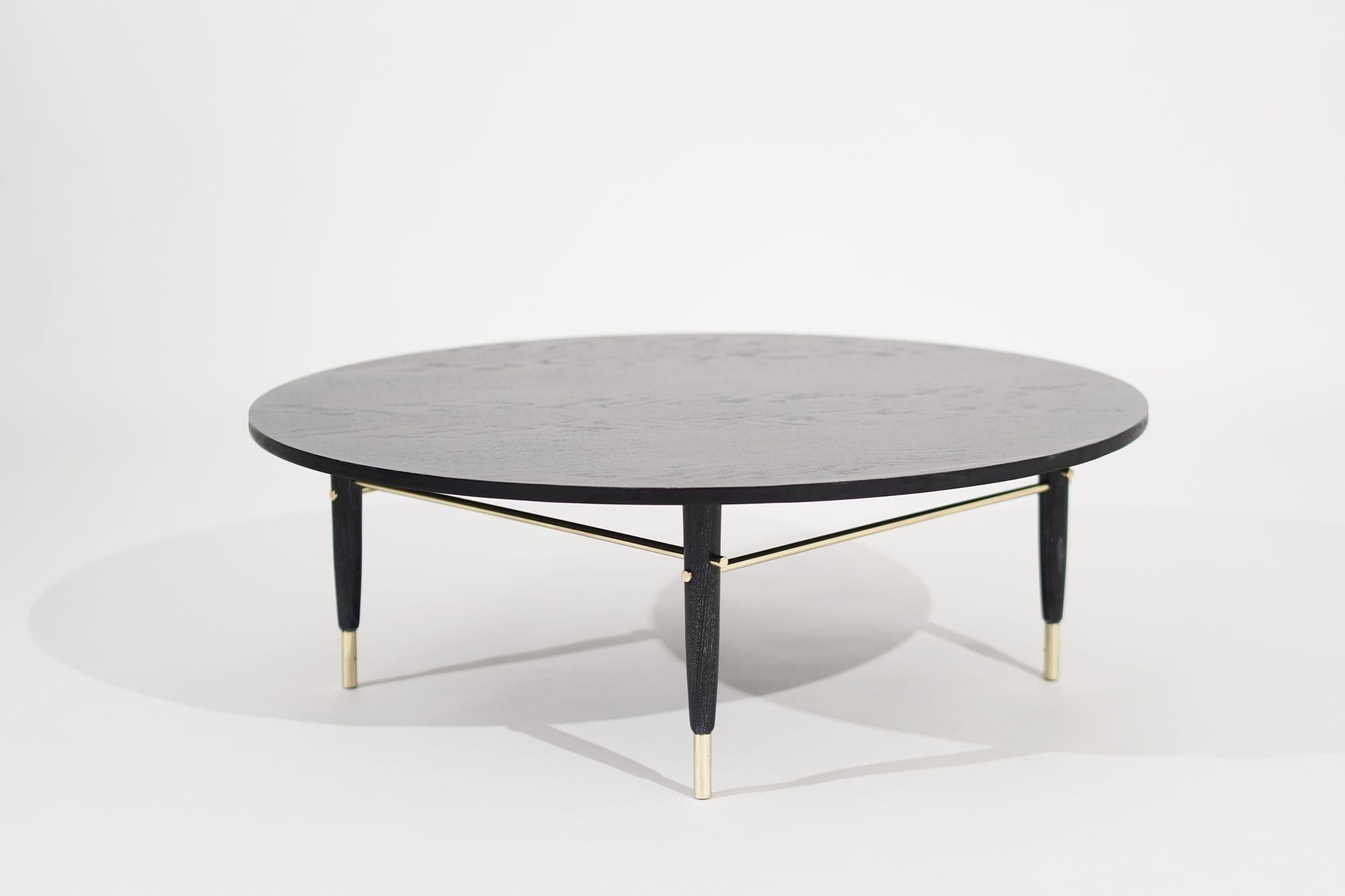 American Brass Accented Coffee Table in Black Ceruse, C. 1950s For Sale