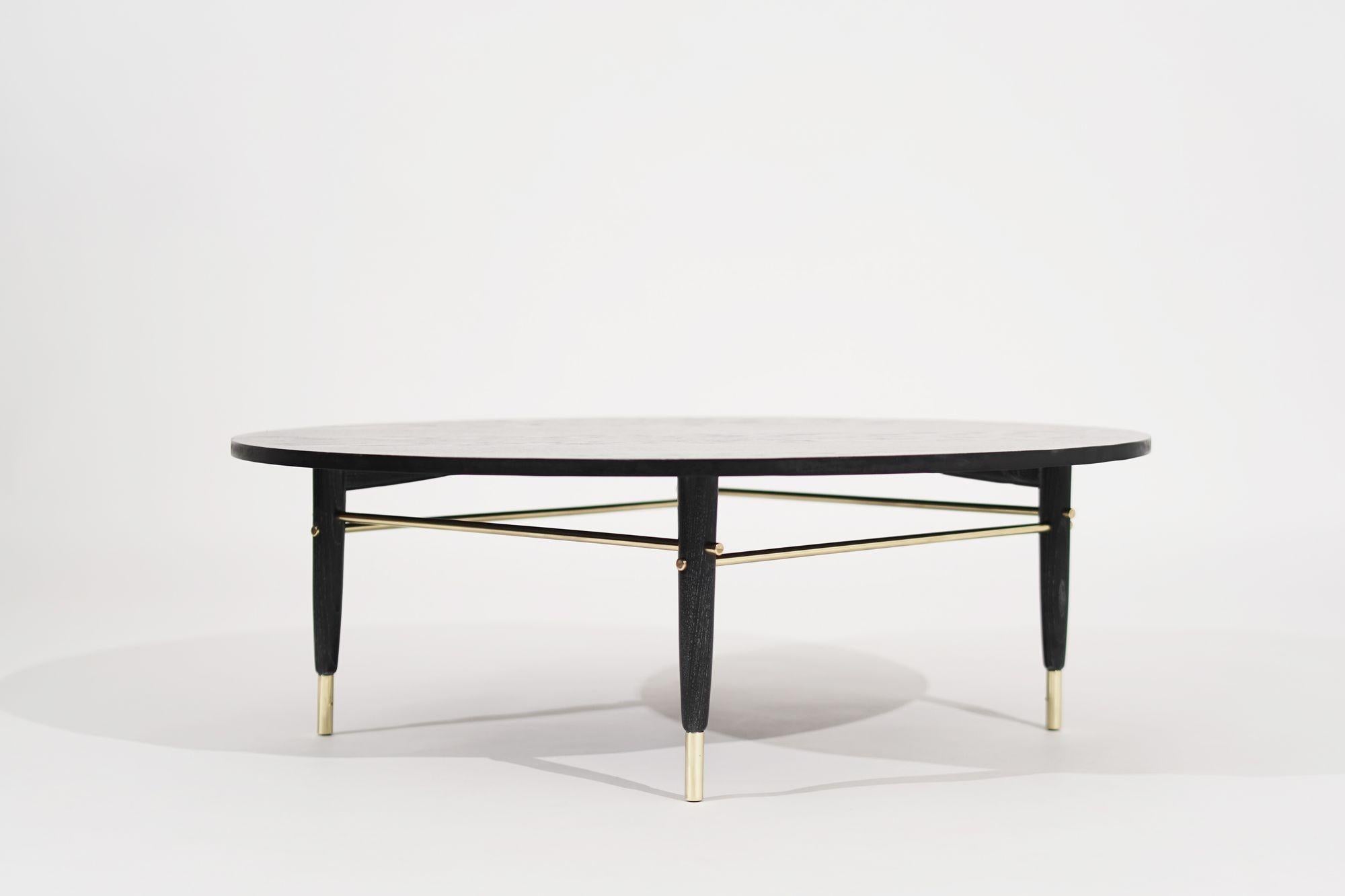 20th Century Brass Accented Coffee Table in Black Ceruse, C. 1950s For Sale