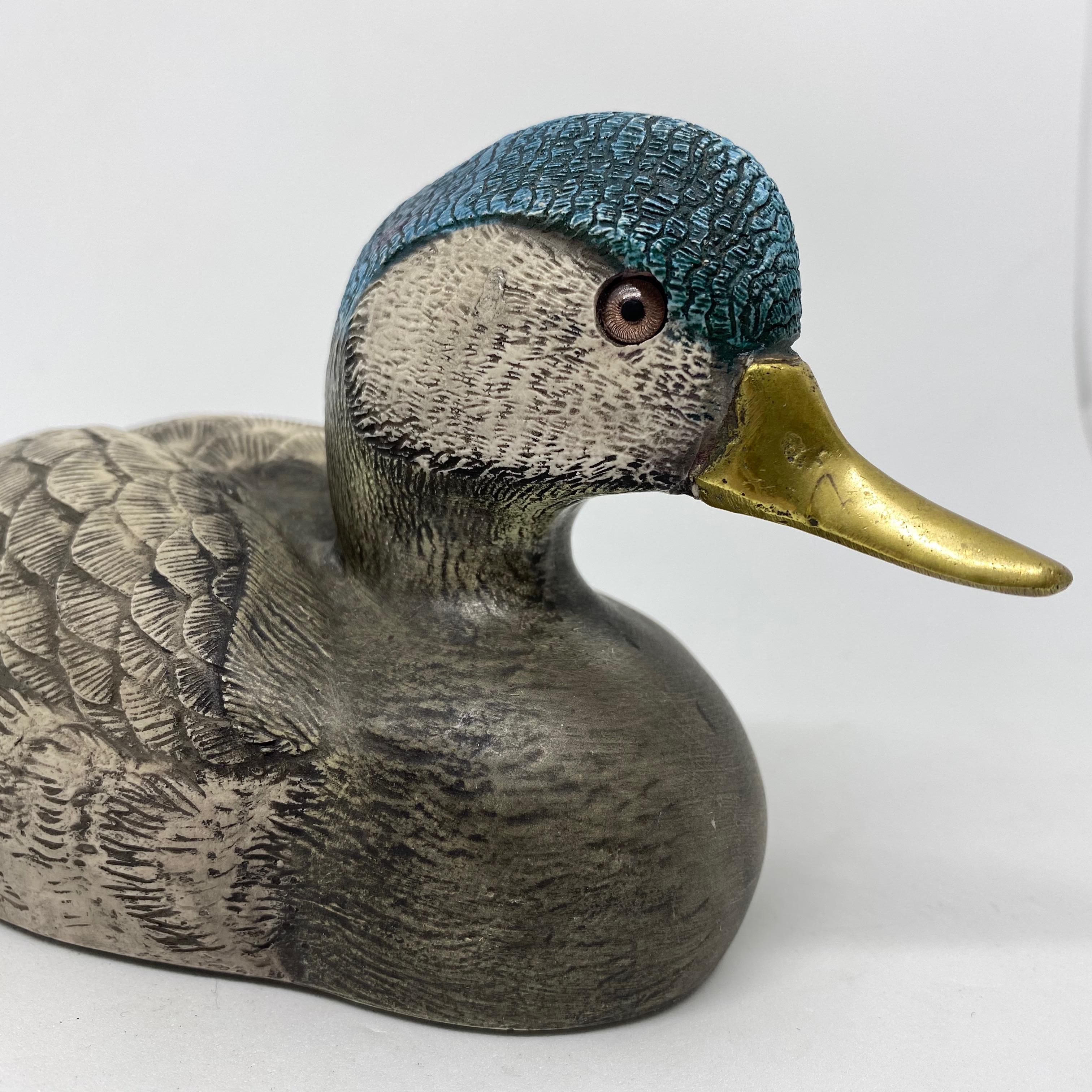 Hollywood Regency Brass Accented Hand Painted Duck Decoy Figurine Statue, 1980s Malevolti Italy