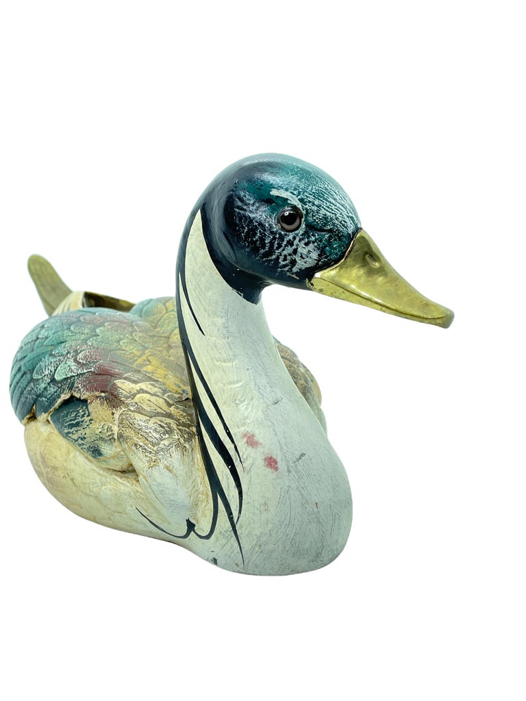 Hollywood Regency Brass Accented Hand Painted Duck Decoy Figurine Statue, 1980s Malevolti Italy For Sale