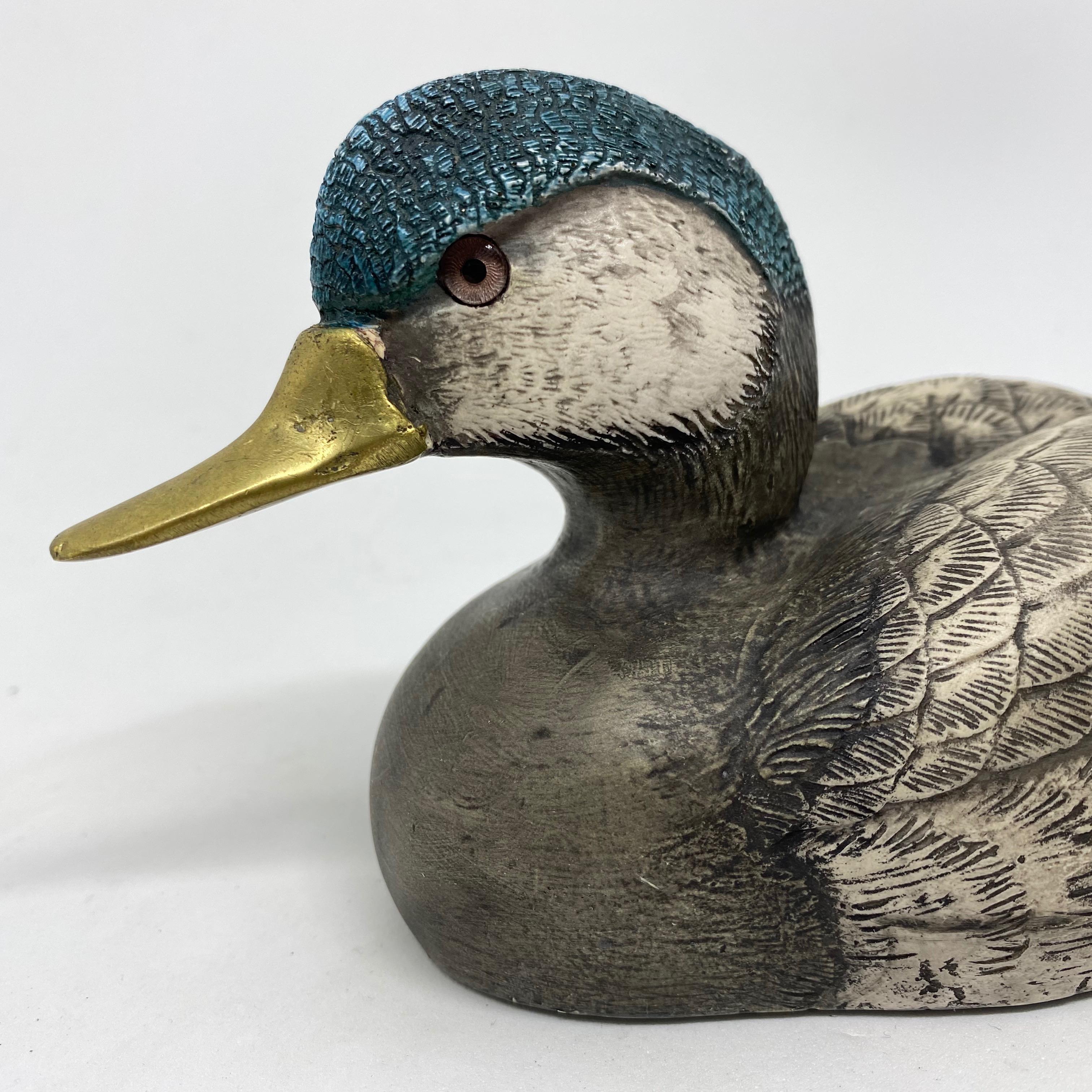 Italian Brass Accented Hand Painted Duck Decoy Figurine Statue, 1980s Malevolti Italy