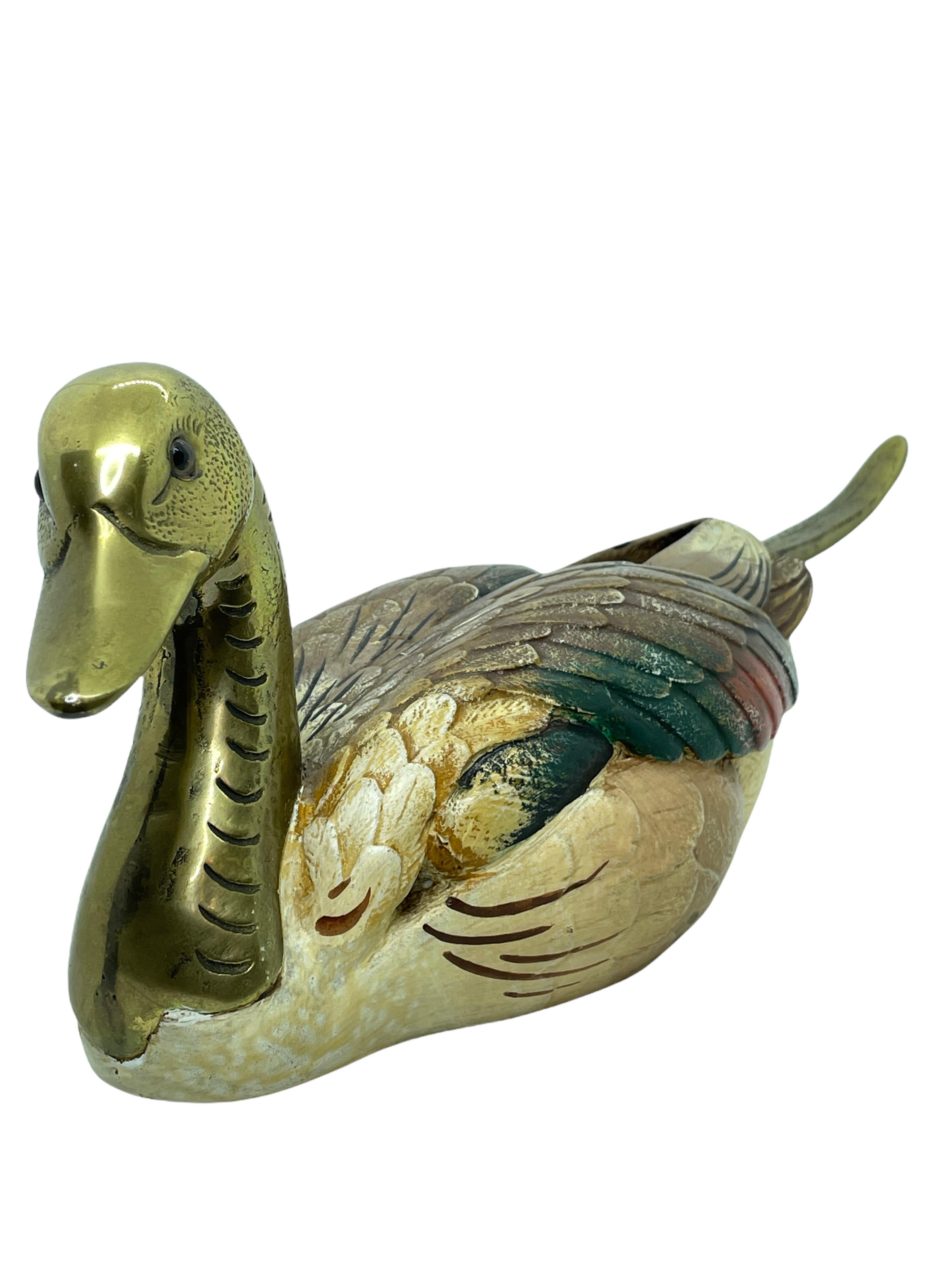 Hand-Painted Brass Accented Hand Painted Duck Decoy Figurine Statue, 1980s Malevolti Italy For Sale