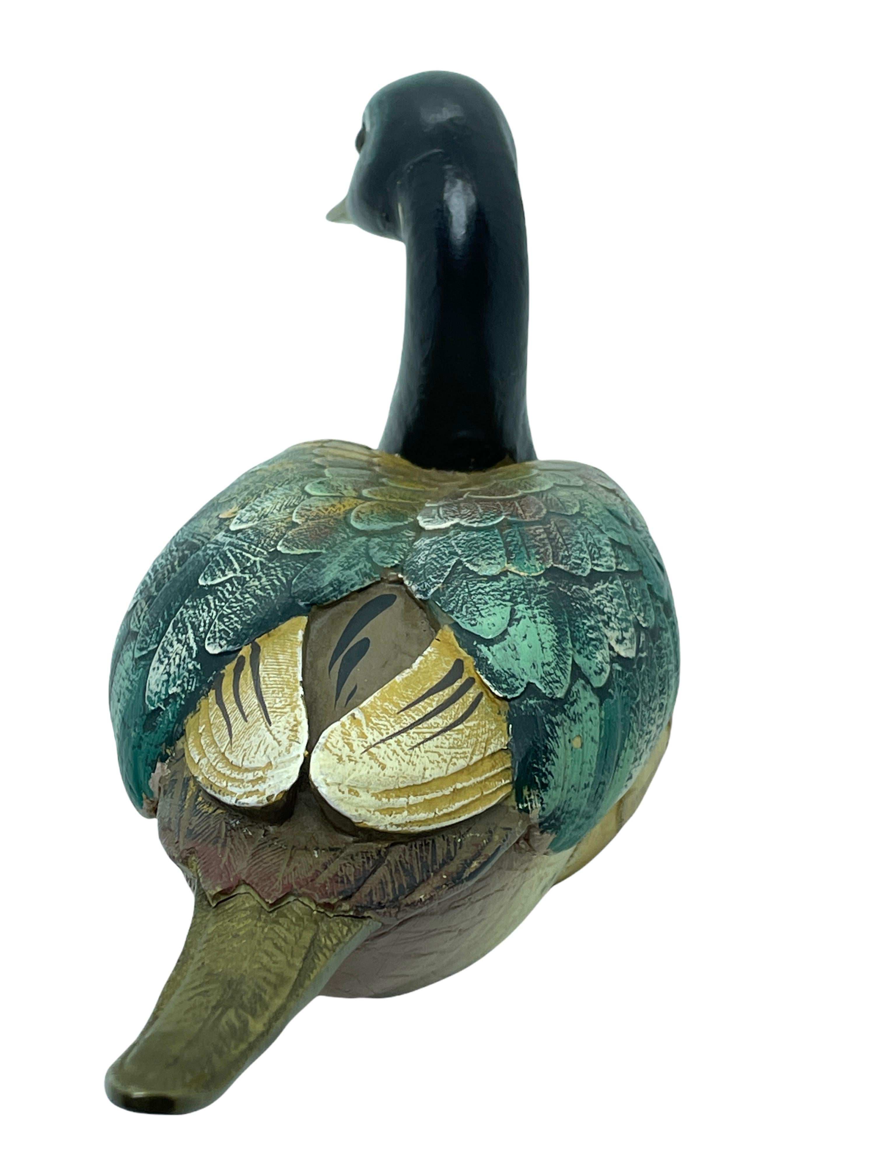 Hollywood Regency Brass Accented Hand Painted Duck Decoy Figurine Statue, 1980s Malevolti Italy For Sale