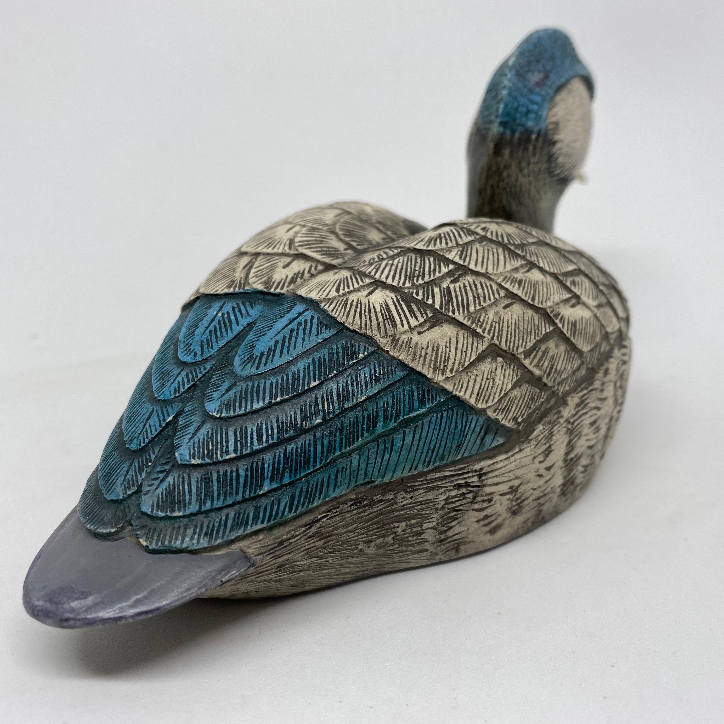 Late 20th Century Brass Accented Hand Painted Duck Decoy Figurine Statue, 1980s Malevolti Italy