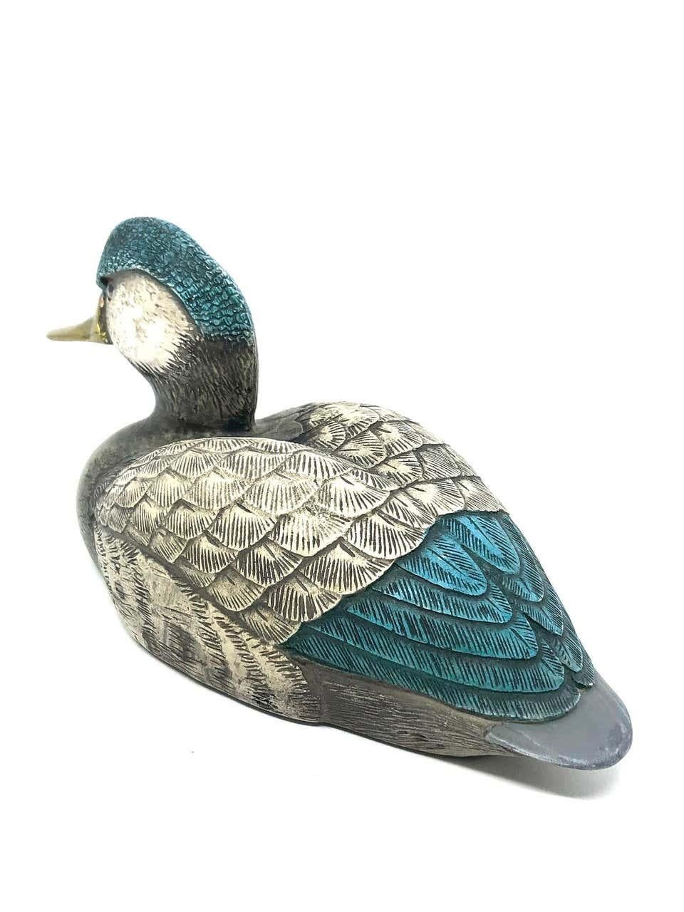 Brass Accented Hand Painted Duck Decoy Figurine Statue, 1980s Malevolti Italy 1