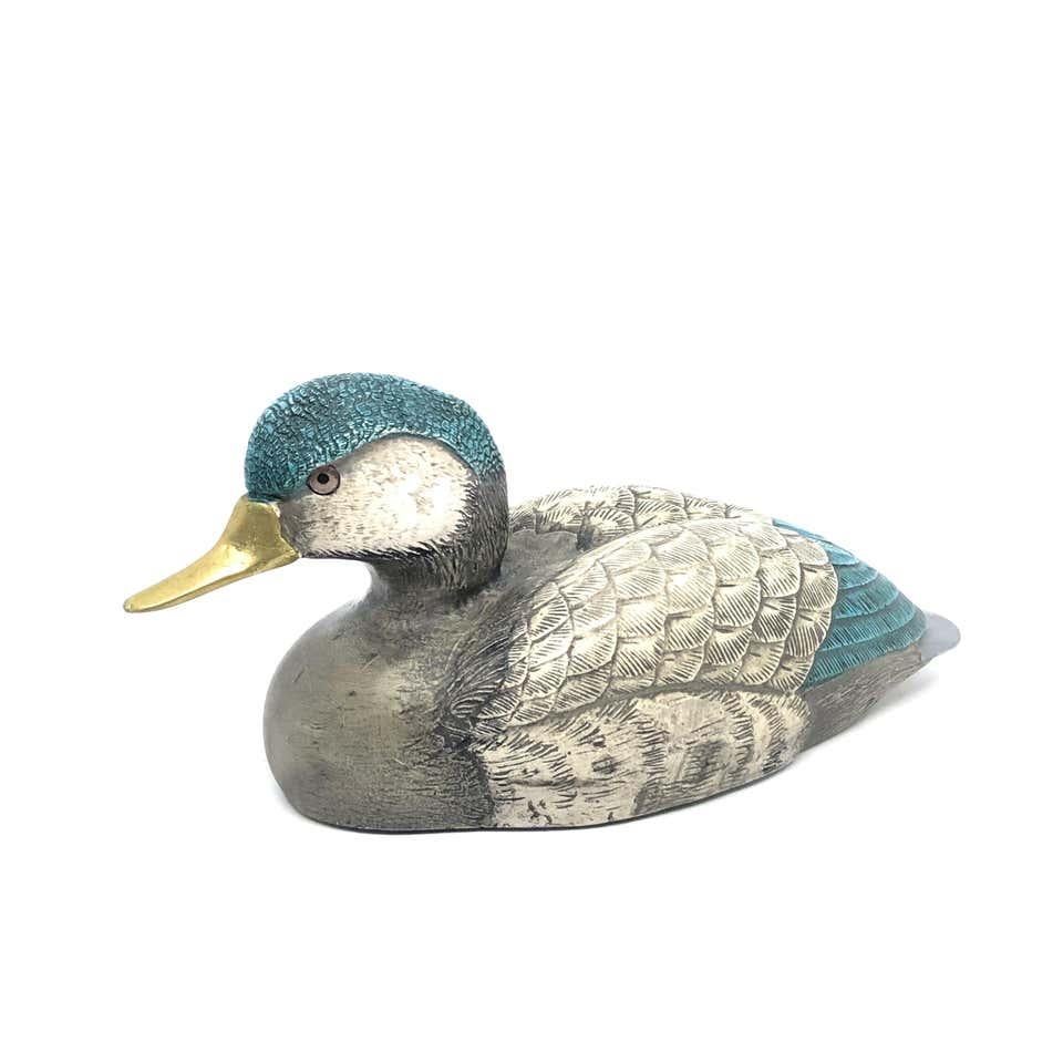 Brass Accented Hand Painted Duck Decoy Figurine Statue, 1980s Malevolti Italy 2
