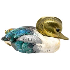 Brass Accented Hand Painted Duck Decoy Figurine Statue, 1980s Malevolti, Italy