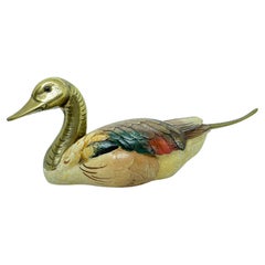 Brass Accented Hand Painted Duck Decoy Figurine Statue, 1980s Malevolti Italy