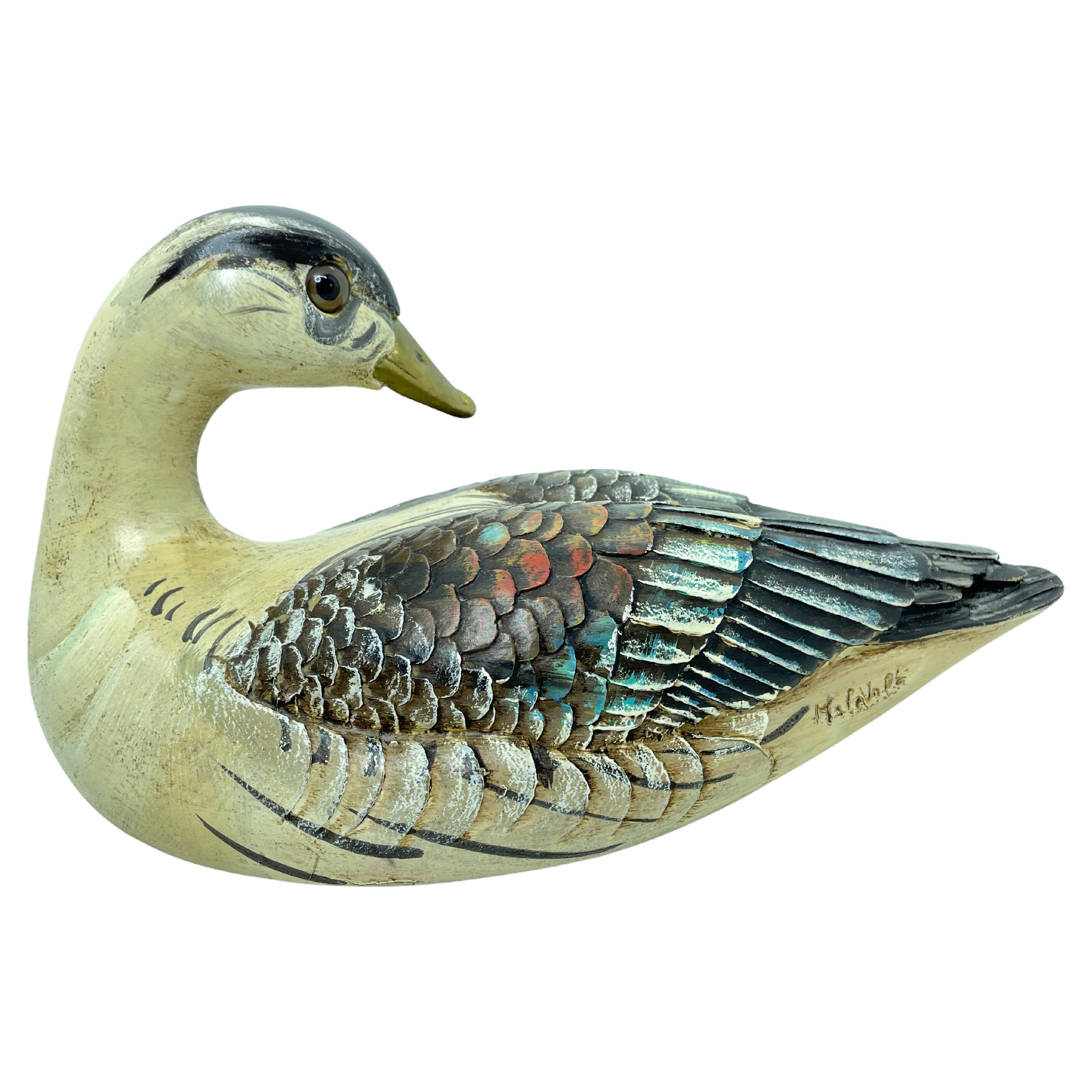 Brass Accented Hand Painted Duck Decoy Figurine Statue, 1980s, Malevolti, Italy