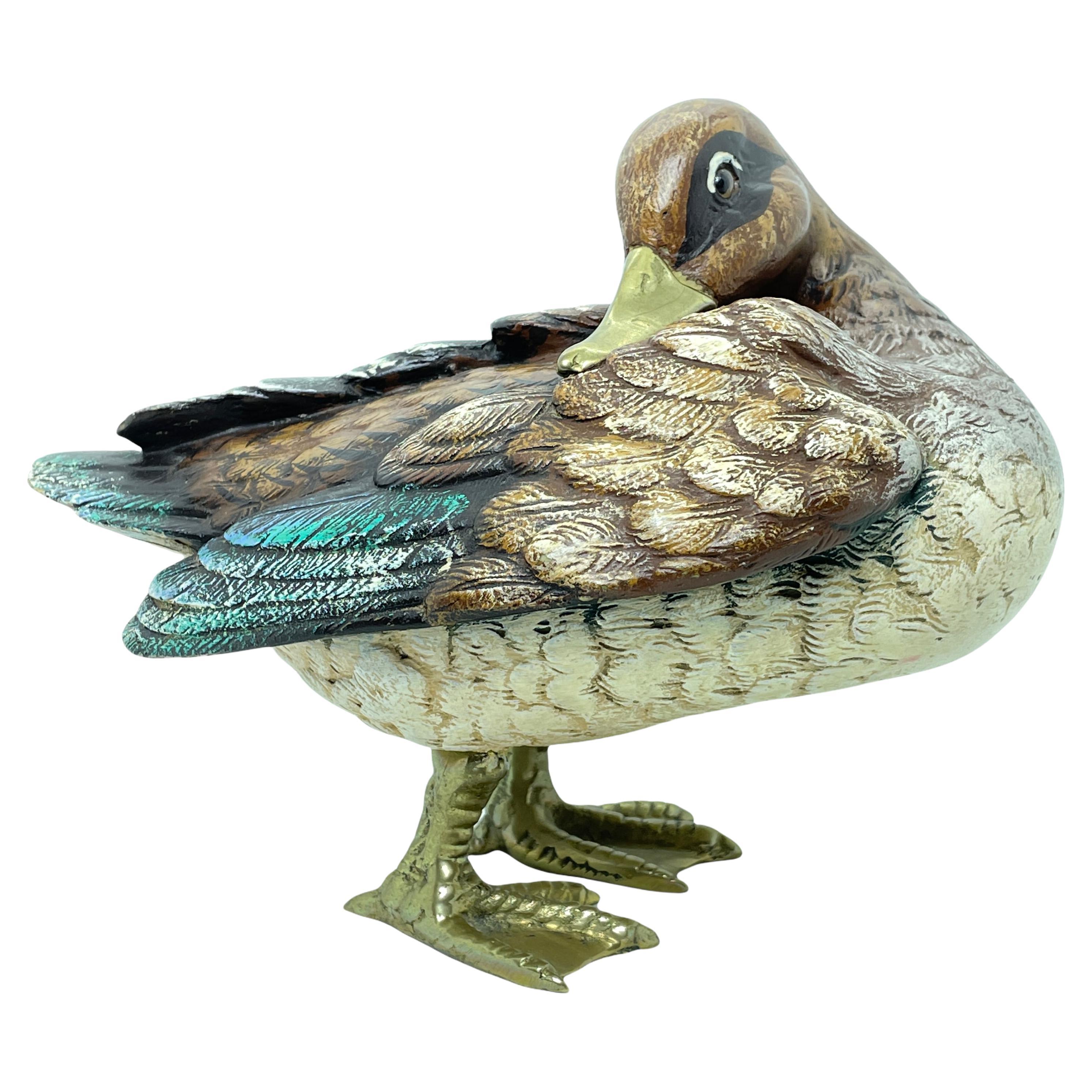 Brass Accented Hand Painted Duck Decoy Figurine Statue, 1980s Malevolti Italy For Sale