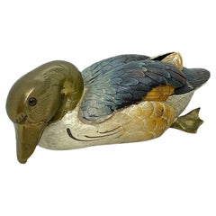 Brass Accented Hand Painted Duck Decoy Figurine Statue, 1980s Malevolti Italy