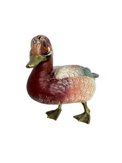 Brass Accented Hand Painted Duck Figurine Statue, Italy 1980s Malevolti Italy