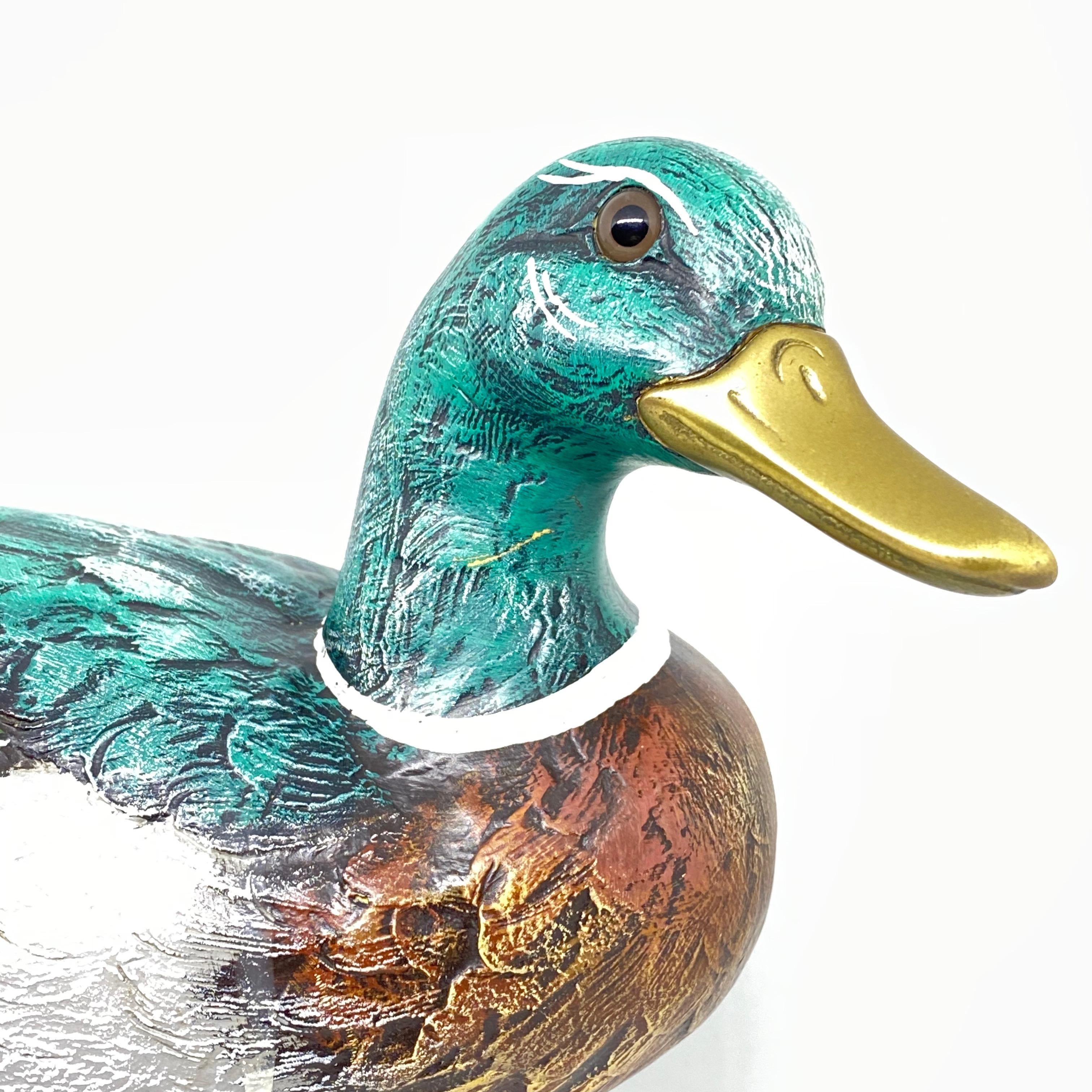 Hollywood Regency Brass Accented Hand Painted Duck Figurine Statue, Italy 1980s Malevolti Italy