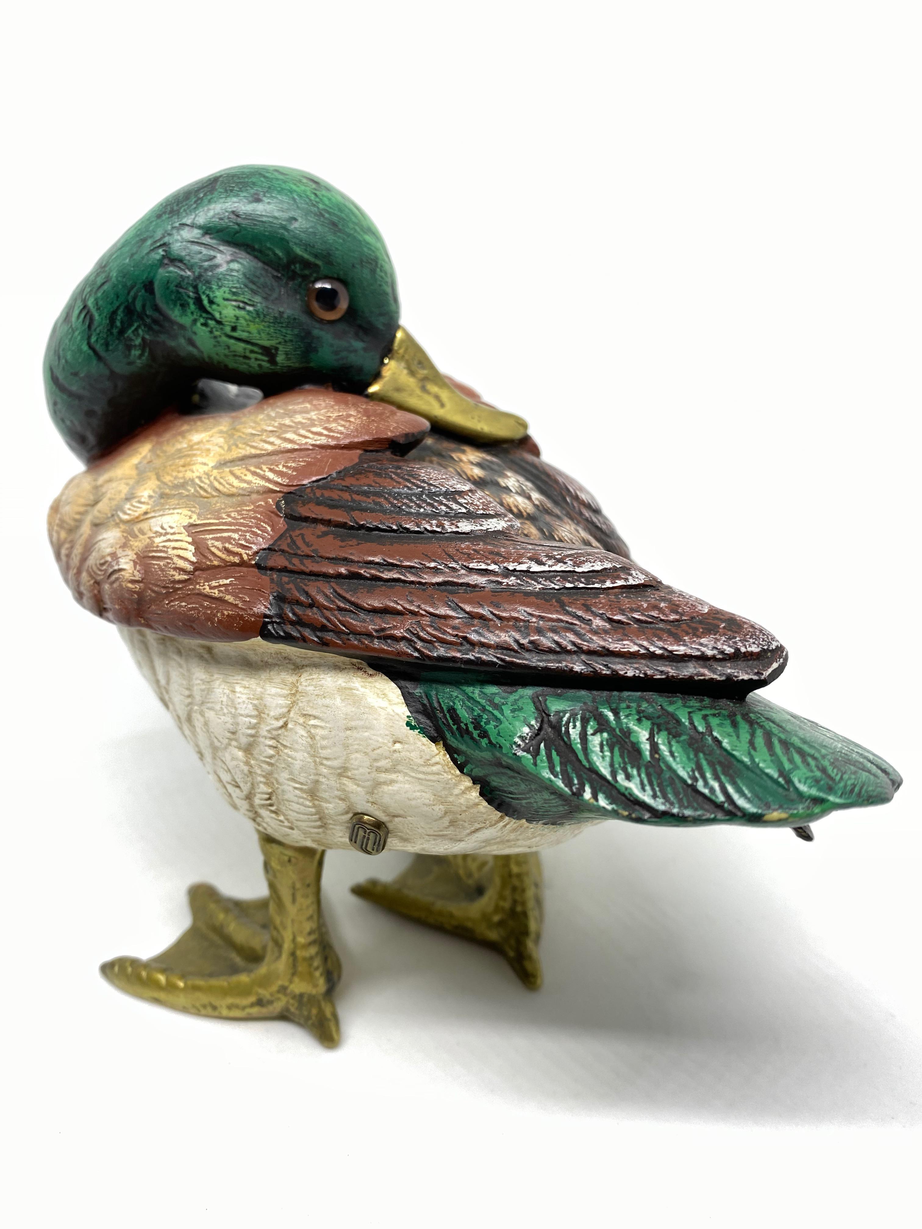 Hollywood Regency Brass Accented Hand Painted Duck Figurine Statue, Italy 1980s Malevolti Italy