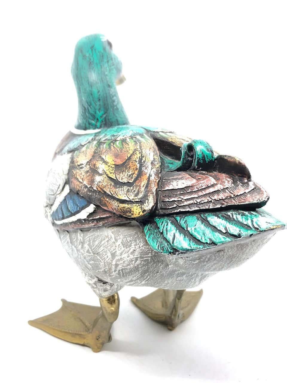 Hand-Painted Brass Accented Hand Painted Duck Figurine Statue, Italy 1980s Malevolti Italy