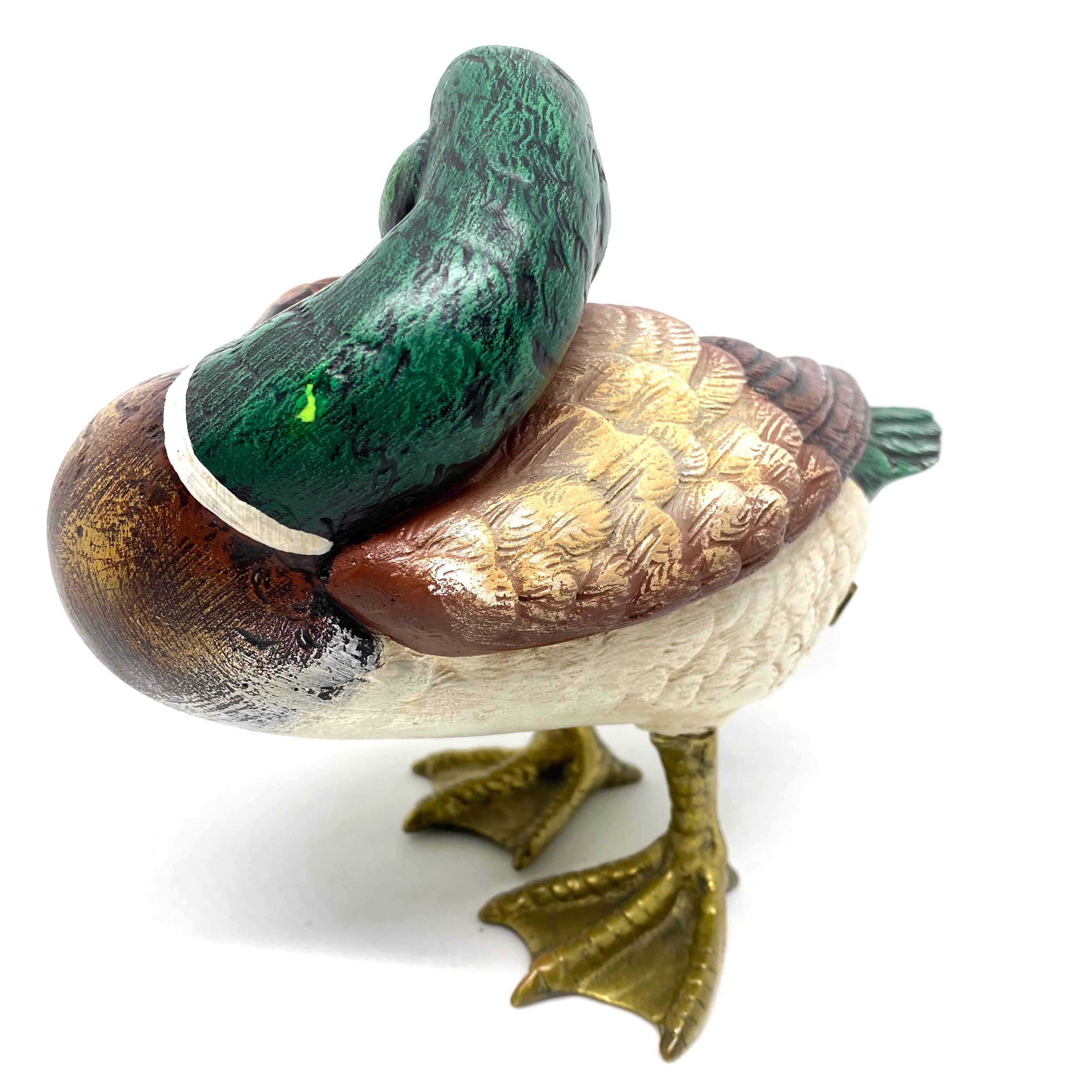 Italian Brass Accented Hand Painted Duck Figurine Statue, Italy 1980s Malevolti Italy