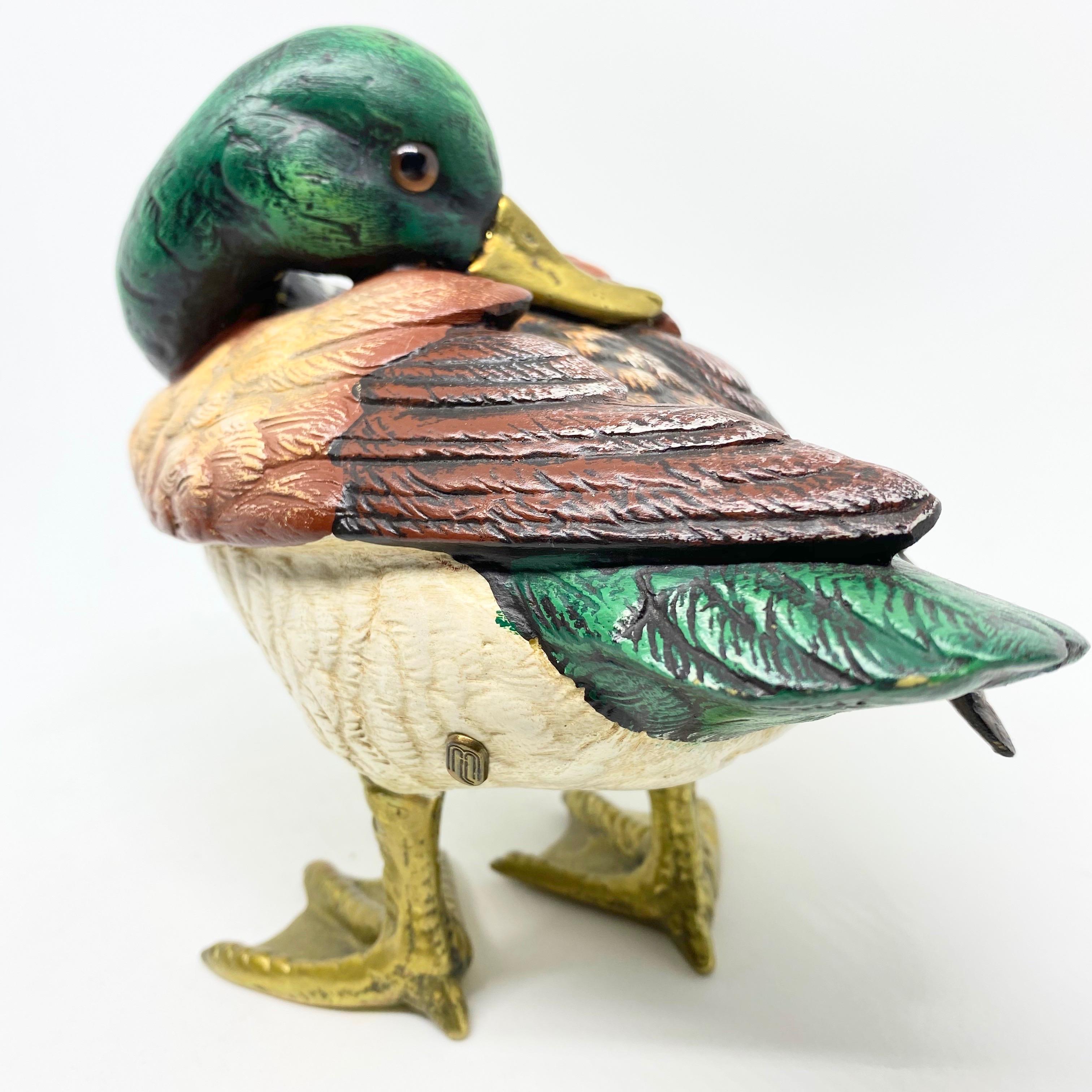 Hand-Painted Brass Accented Hand Painted Duck Figurine Statue, Italy 1980s Malevolti Italy