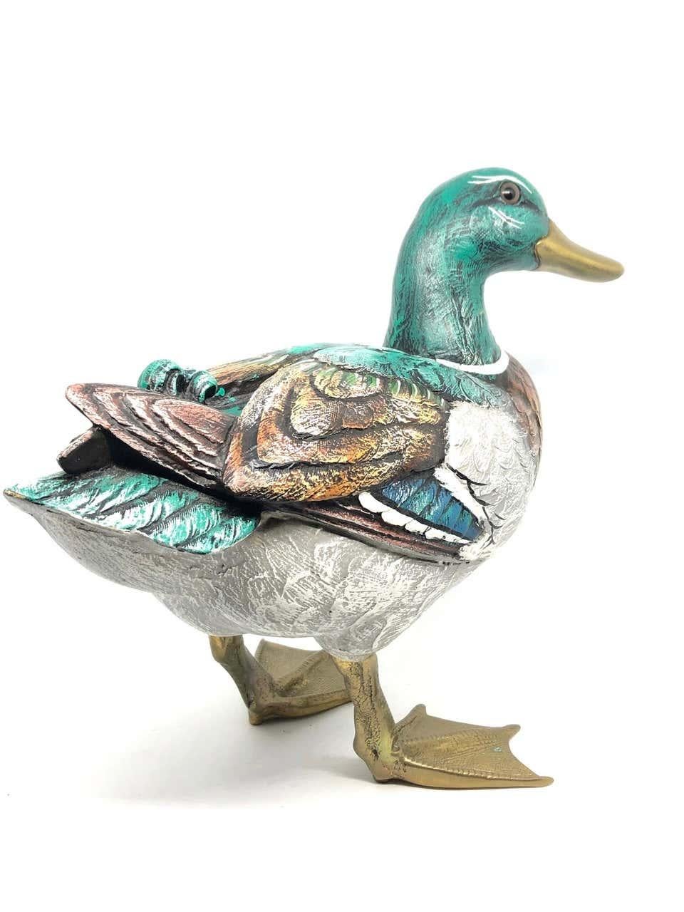 Late 20th Century Brass Accented Hand Painted Duck Figurine Statue, Italy 1980s Malevolti Italy