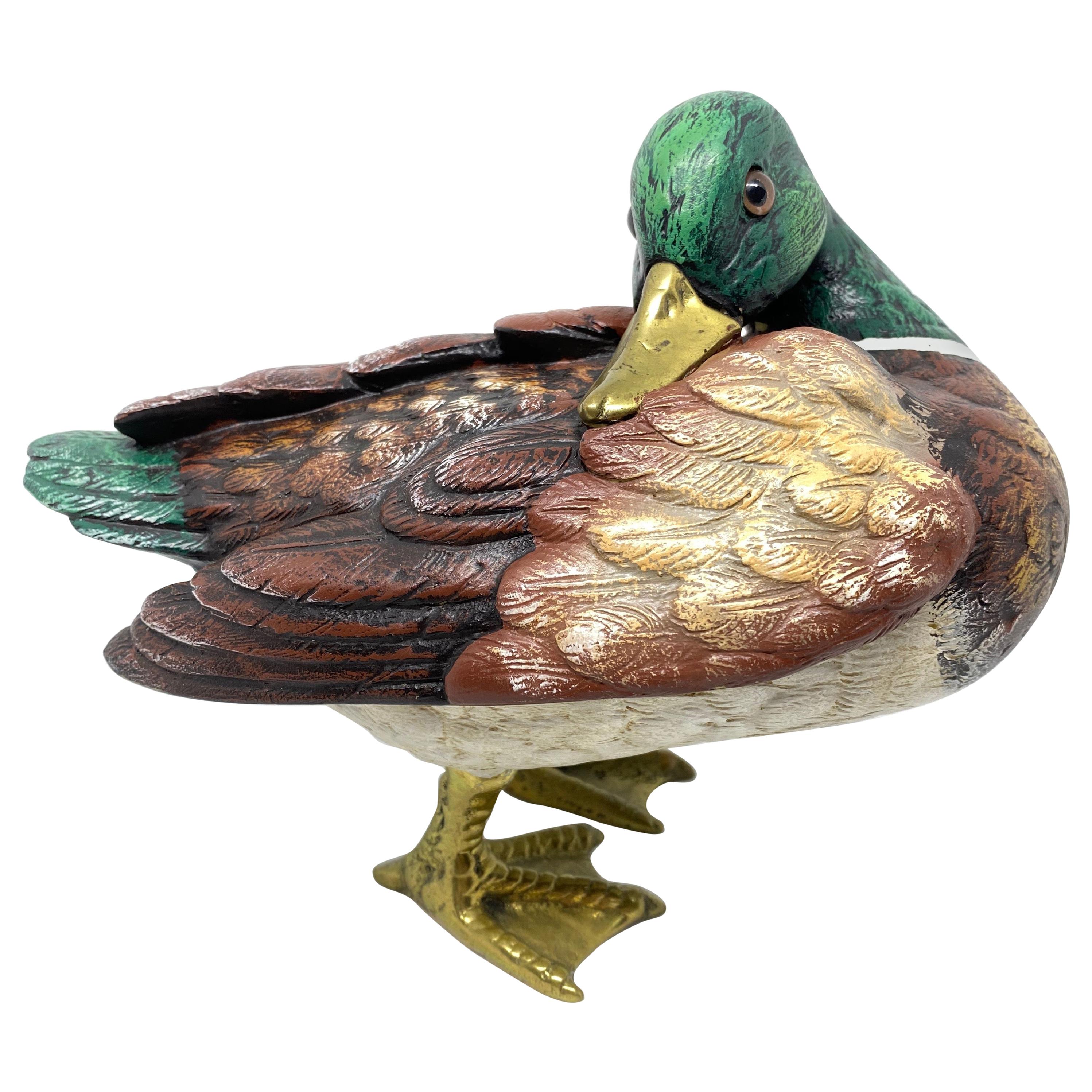 Brass Accented Hand Painted Duck Figurine Statue, Italy 1980s Malevolti Italy