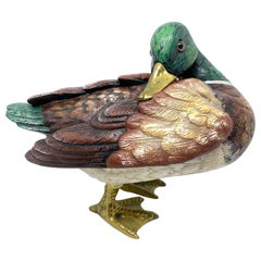 Brass Accented Hand Painted Duck Figurine Statue, Italy 1980s Malevolti Italy