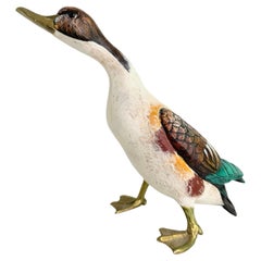 Brass Accented Hand Painted Duck Figurine Statue, Italy 1980s Malevolti Italy