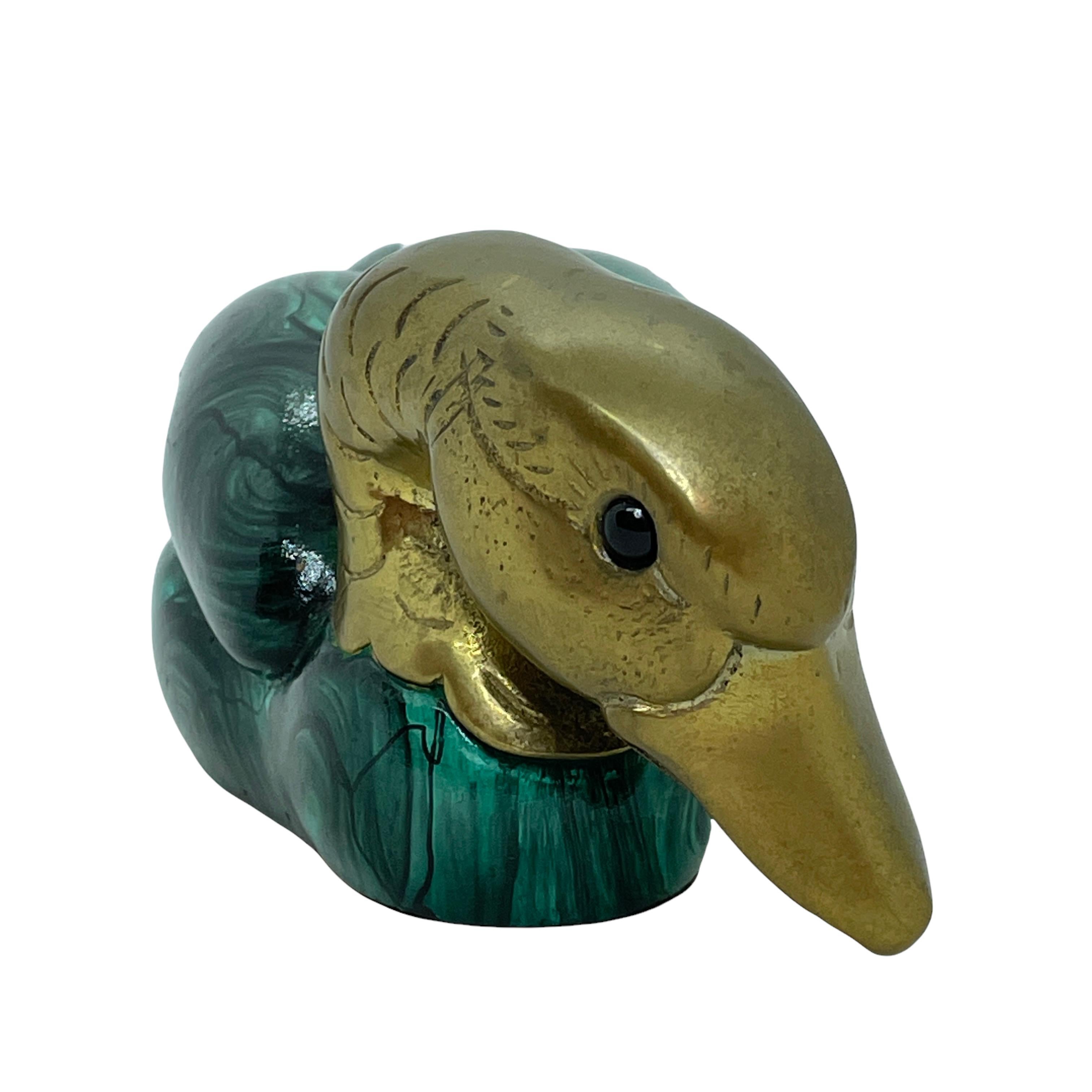 Hollywood Regency Brass Accented Jade Green Duck Decoy Figurine Statue, 1980s Malevolti Italy