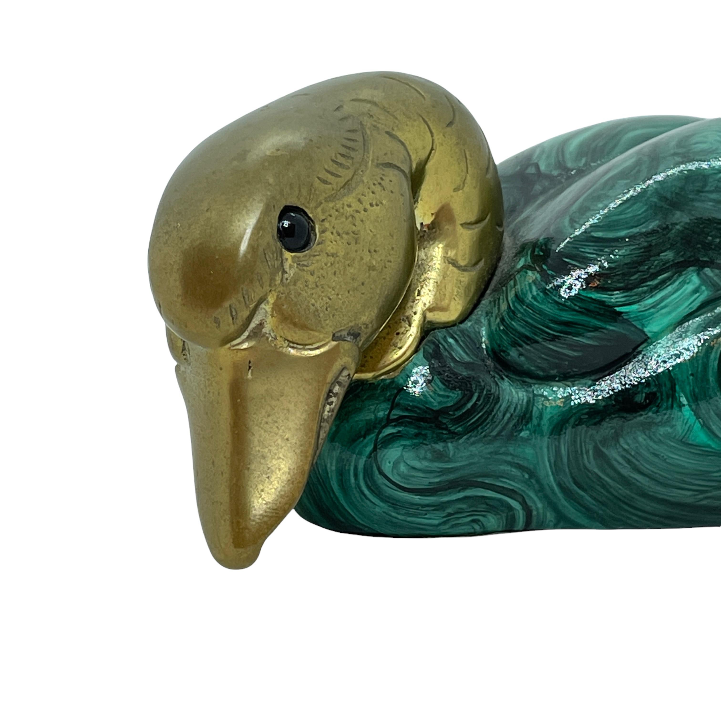 Italian Brass Accented Jade Green Duck Decoy Figurine Statue, 1980s Malevolti Italy