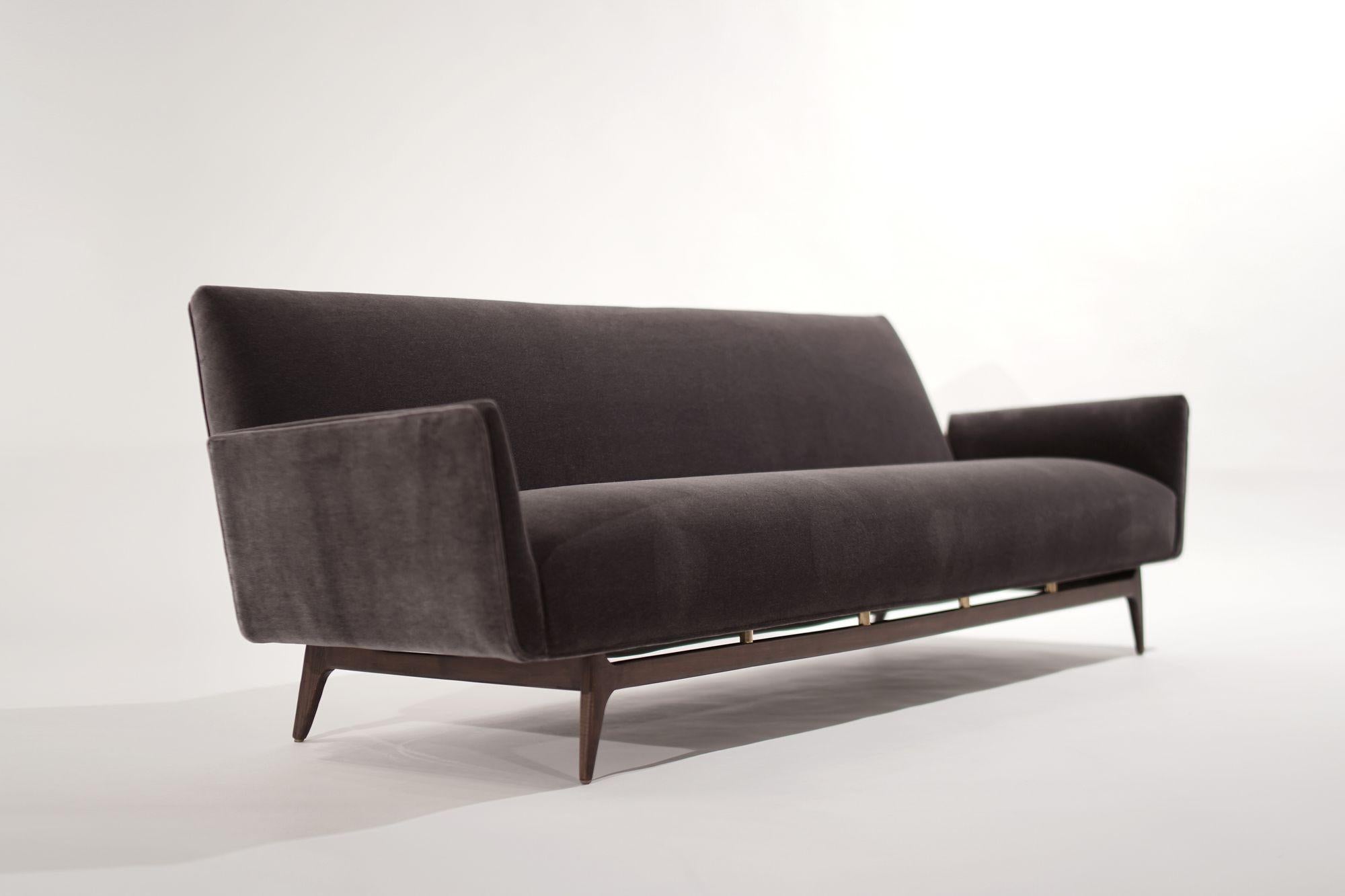 Mid-Century Modern Brass-Accented Scandinavian Modern Sofa in Mohair, C. 1950s