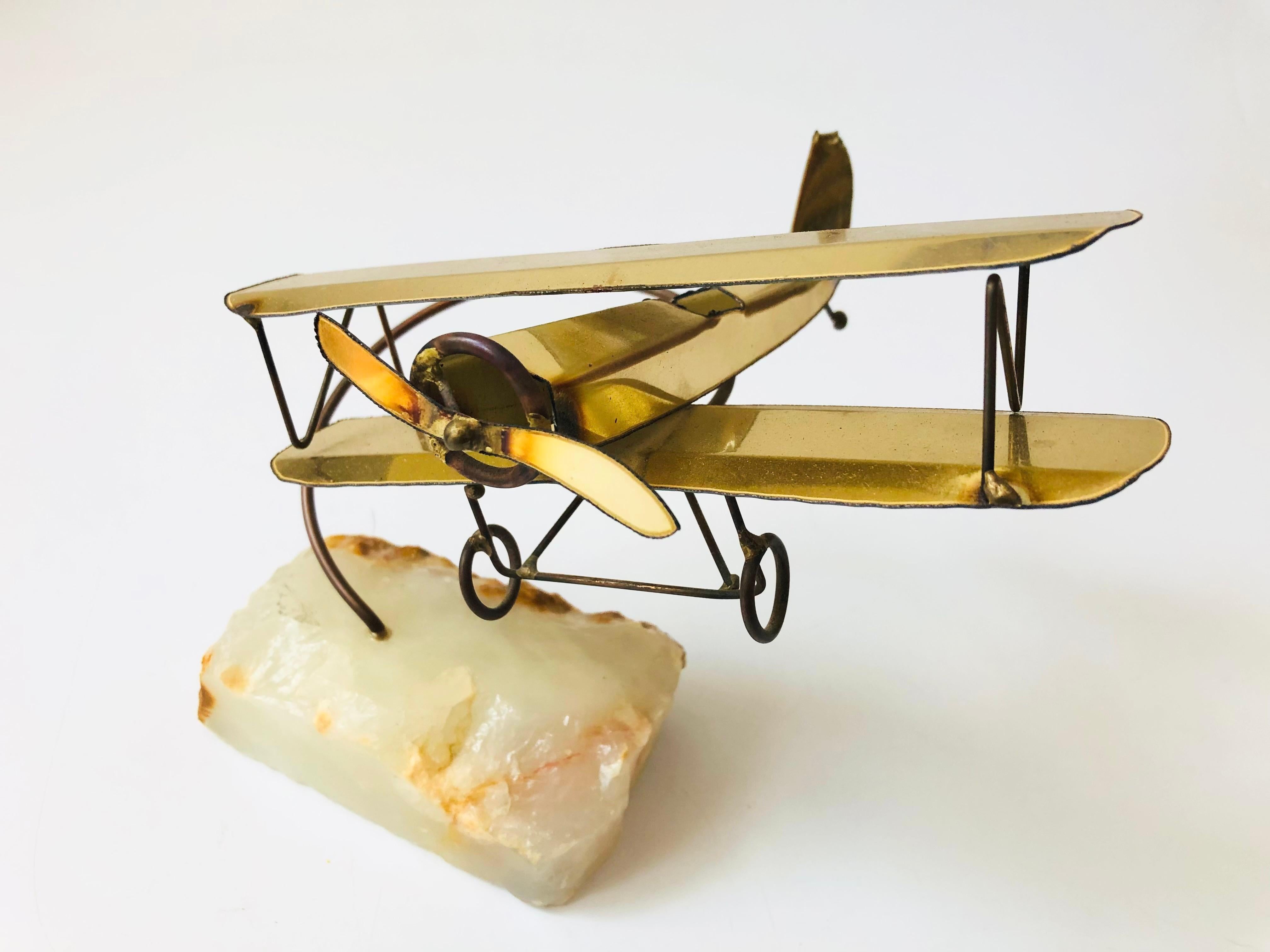 20th Century Brass Airplane Sculpture on Stone Base