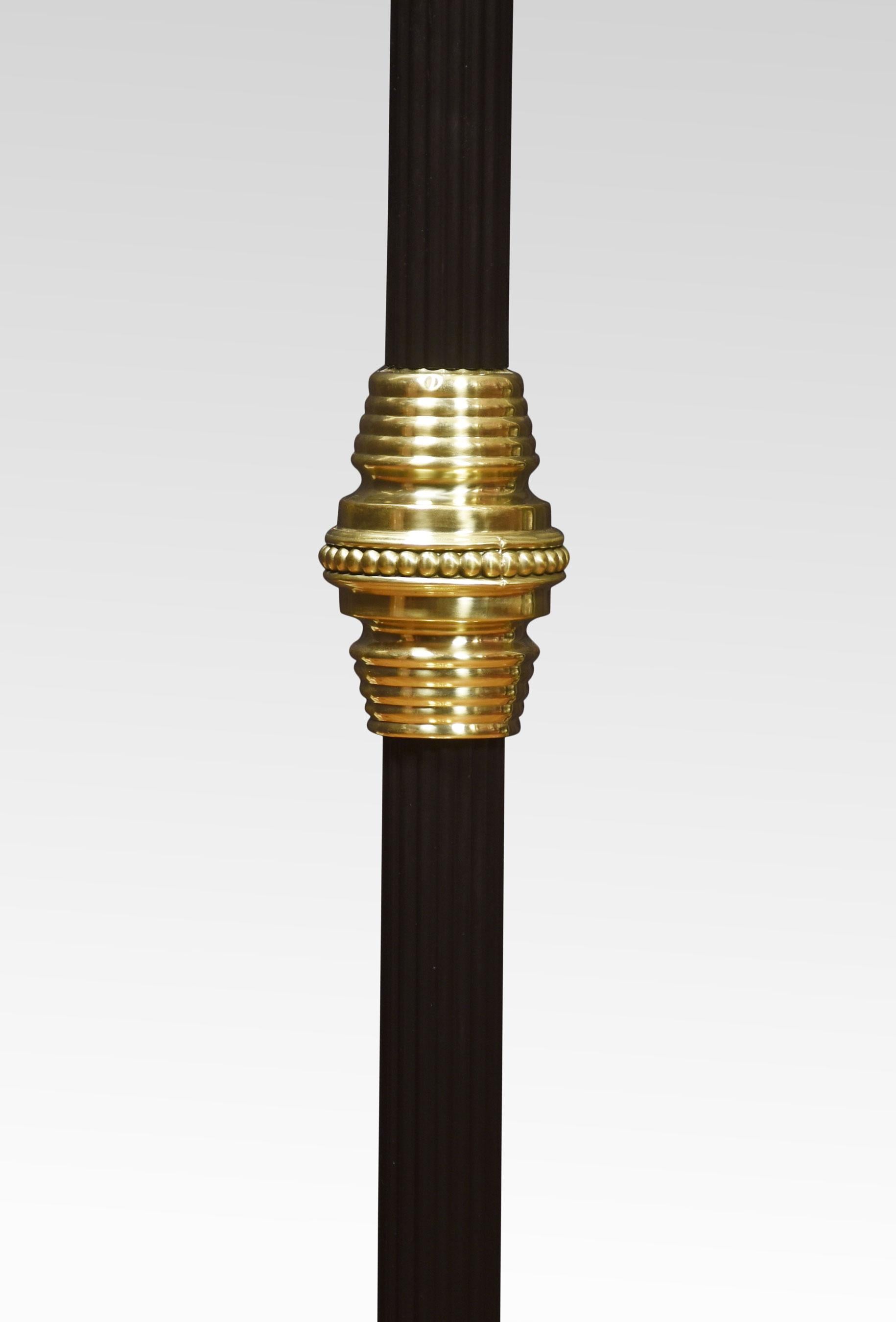 Brass standard lamp, with reeded ebonised adjustable column, raised up on circular stepped base. (The lamp has been re-wired).
Dimensions
Height 47 inches ajustable to 69 Inches
Width 16 inches
Depth 16 inches.