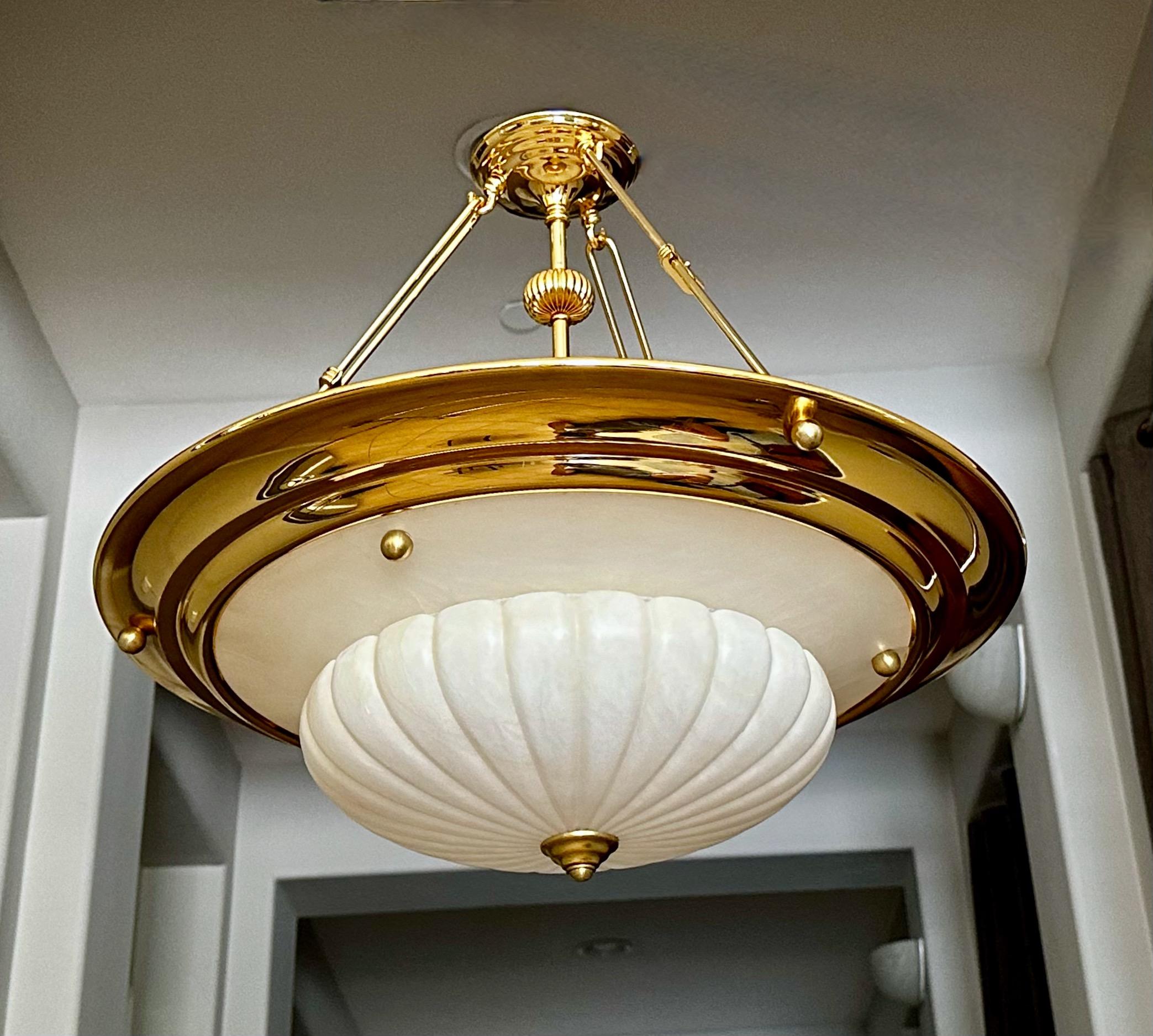 Brass Alabaster Chandelier Pendant Ceiling Light For Sale 4