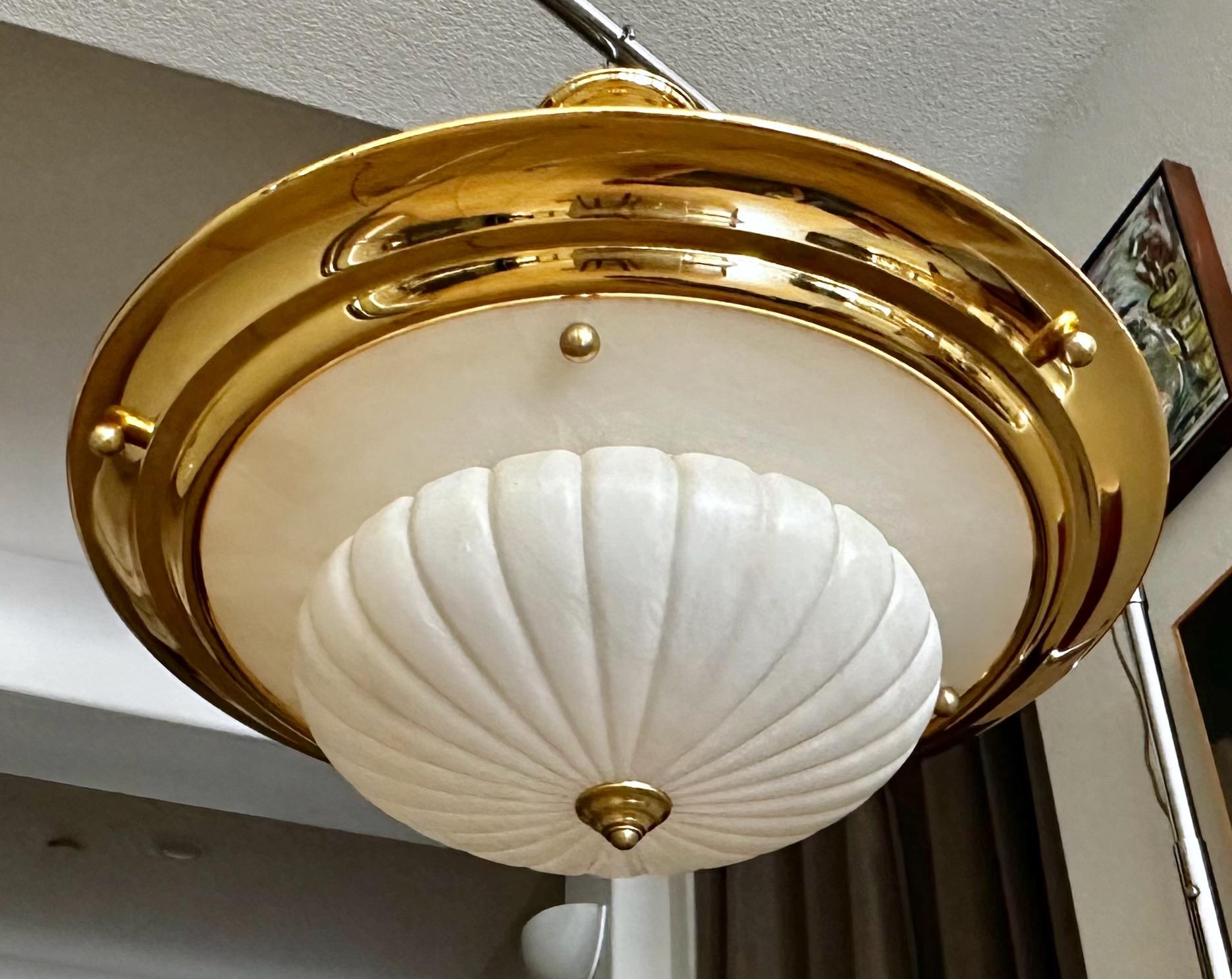 European Brass Alabaster Chandelier Pendant Ceiling Light For Sale