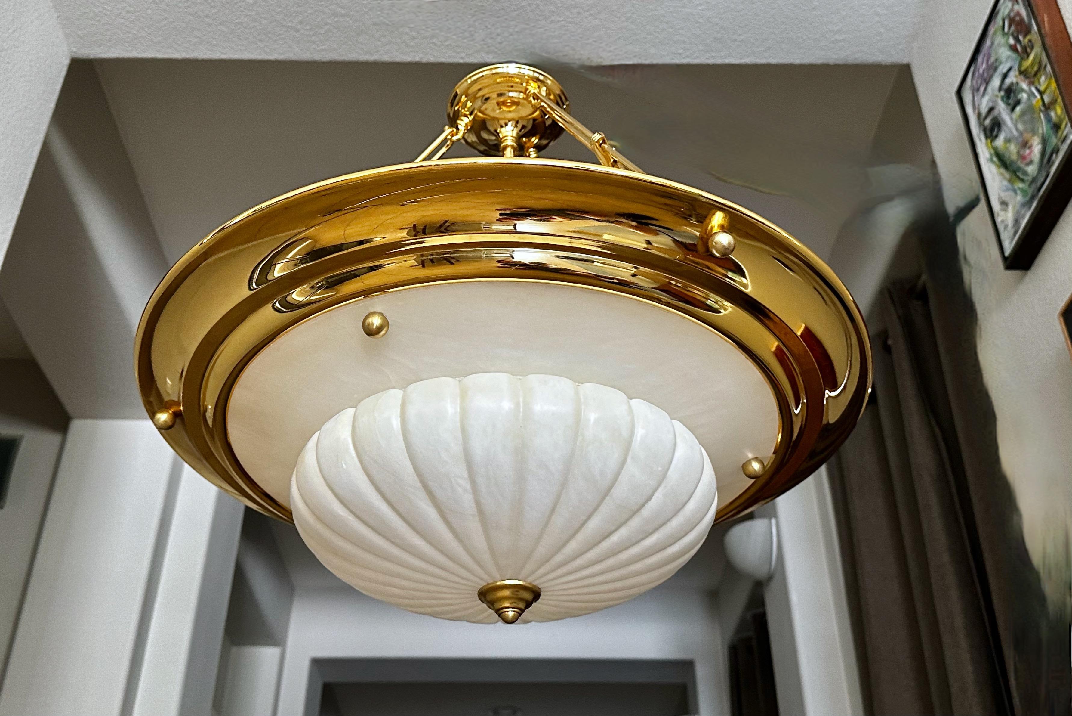 Brass Alabaster Chandelier Pendant Ceiling Light In Good Condition For Sale In Palm Springs, CA