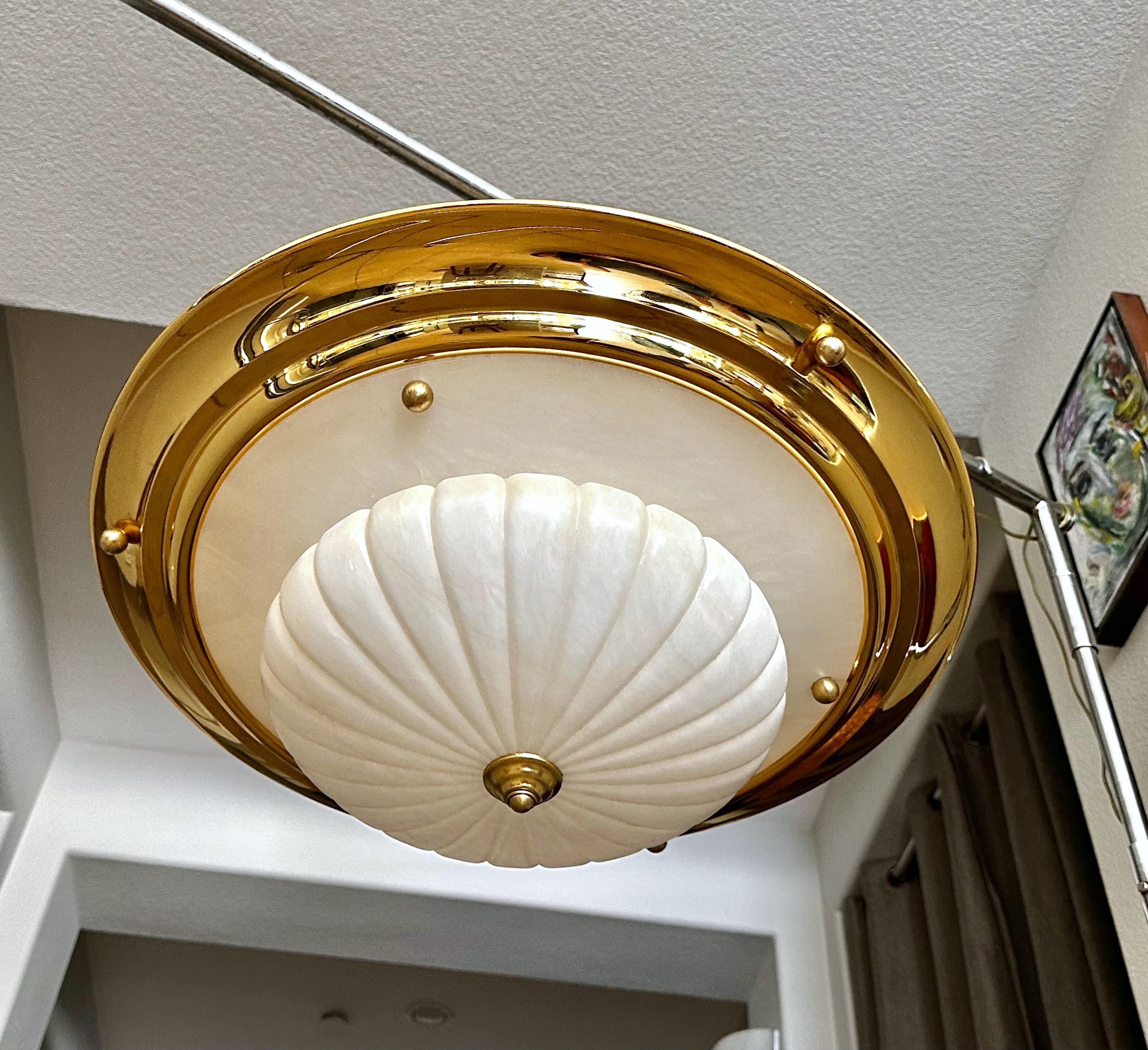 Metal Brass Alabaster Chandelier Pendant Ceiling Light For Sale