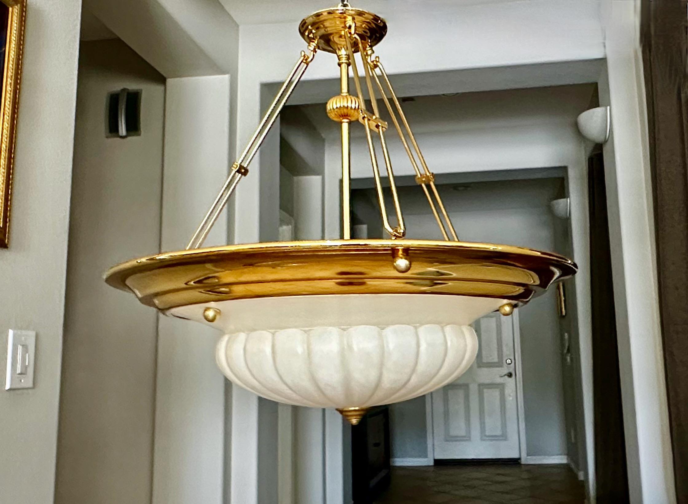 Brass Alabaster Chandelier Pendant Ceiling Light For Sale 1