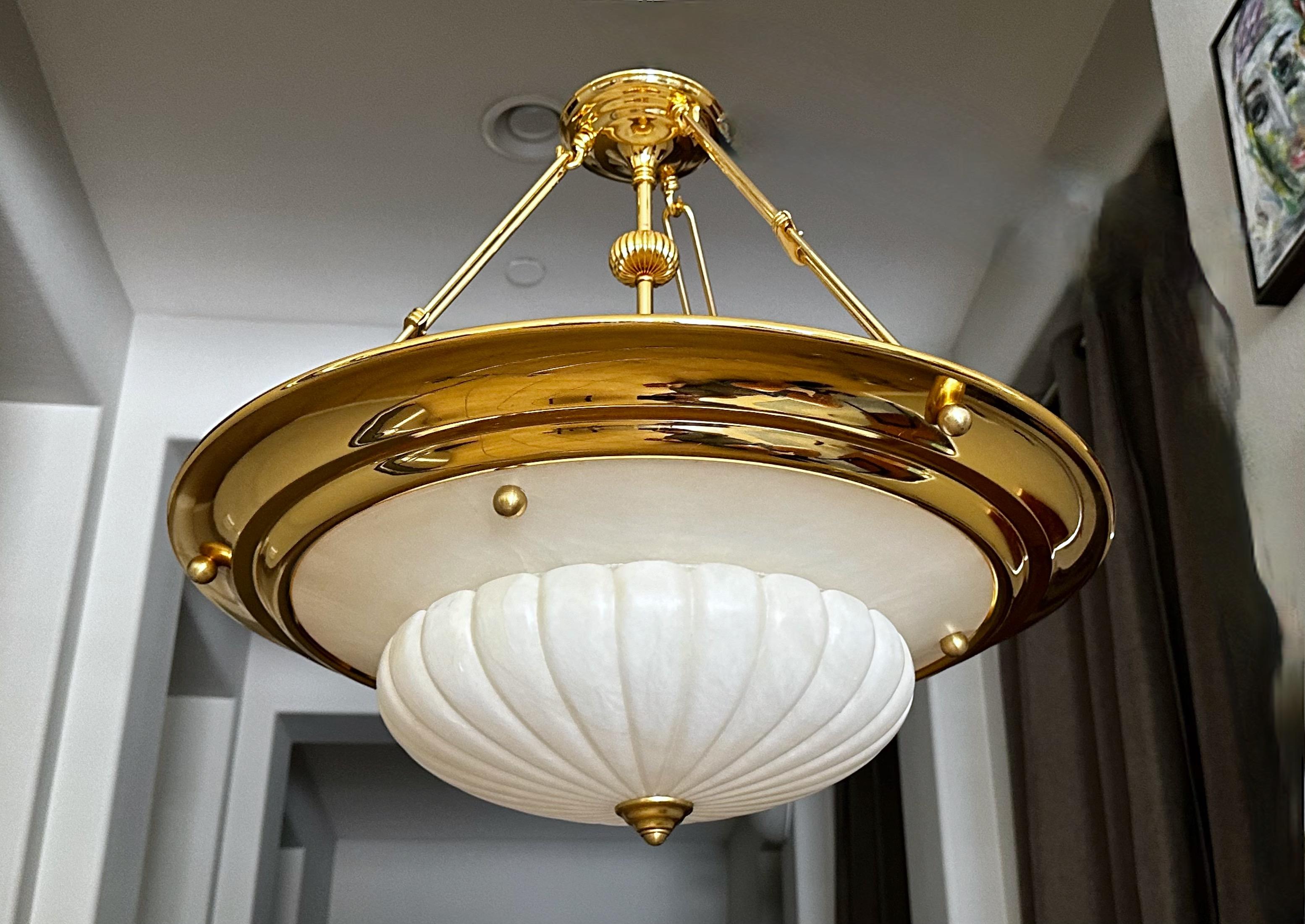 Brass Alabaster Chandelier Pendant Ceiling Light For Sale 2