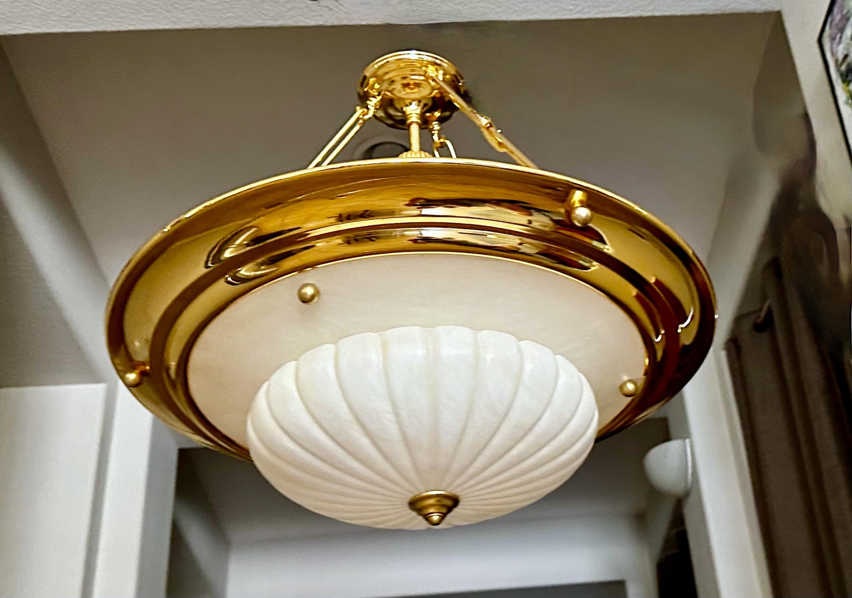 Brass Alabaster Chandelier Pendant Ceiling Light For Sale 3