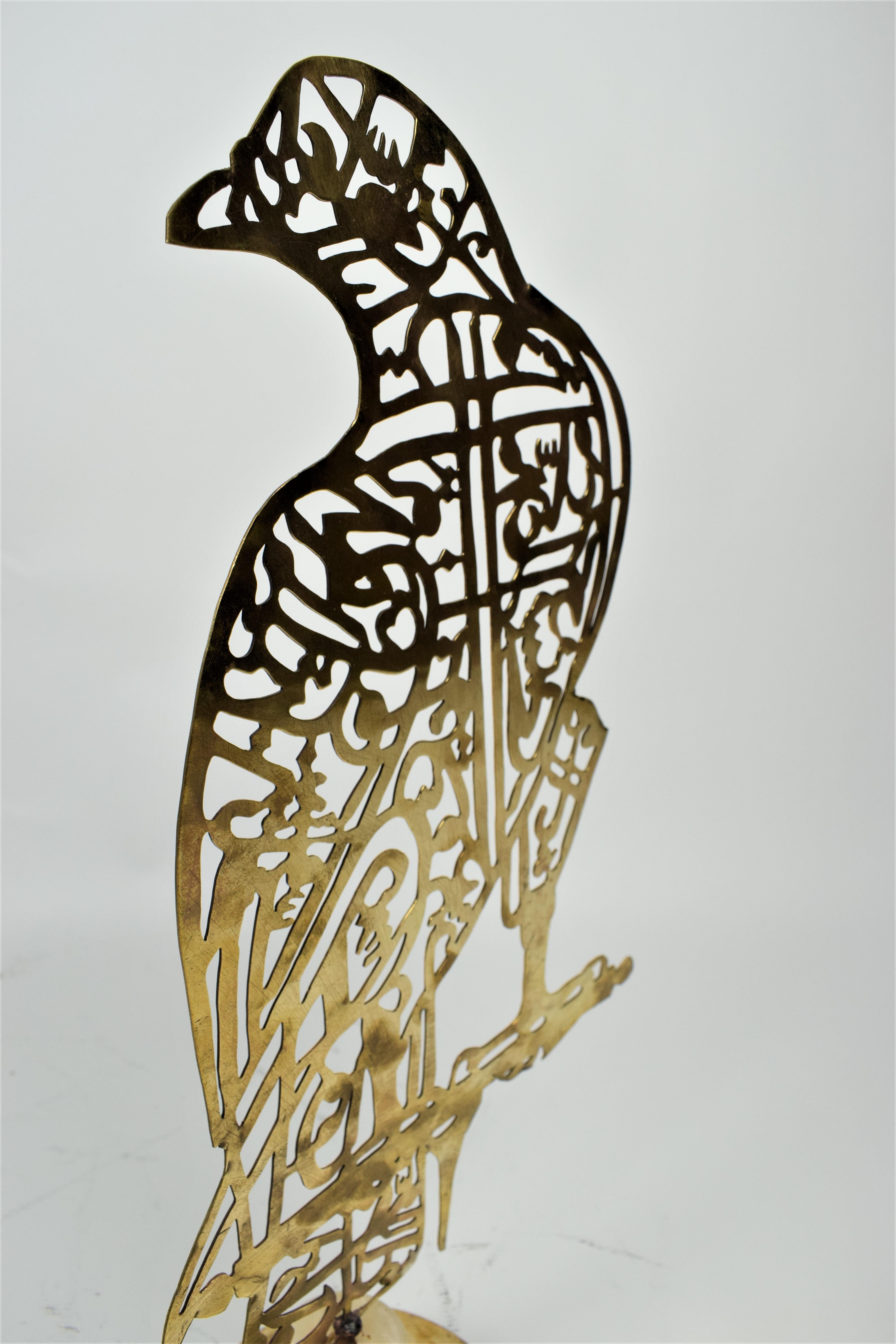 Persian Brass Alam Hand Cutwork Calligraphy in the Shape of a Falcon, 20th Century For Sale